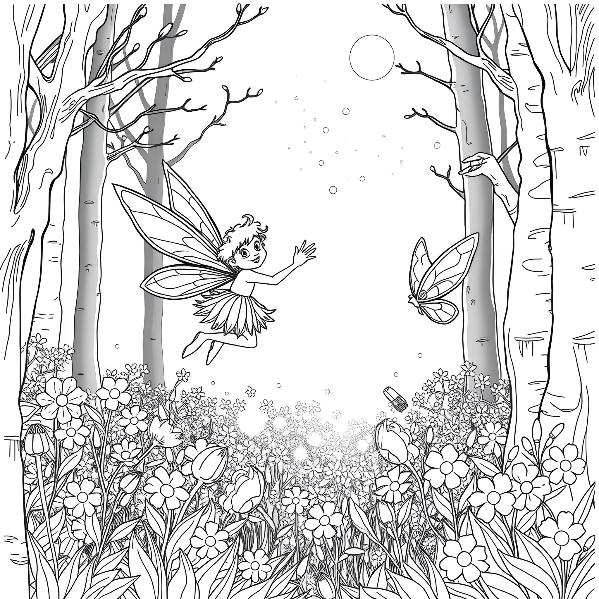 Puck's Fairy Dance in the Enchanted Forest Coloring Page (free black-and-white line drawing printable PDF for all, from beginners to advanced learners, including children, teens, adults, and seniors)