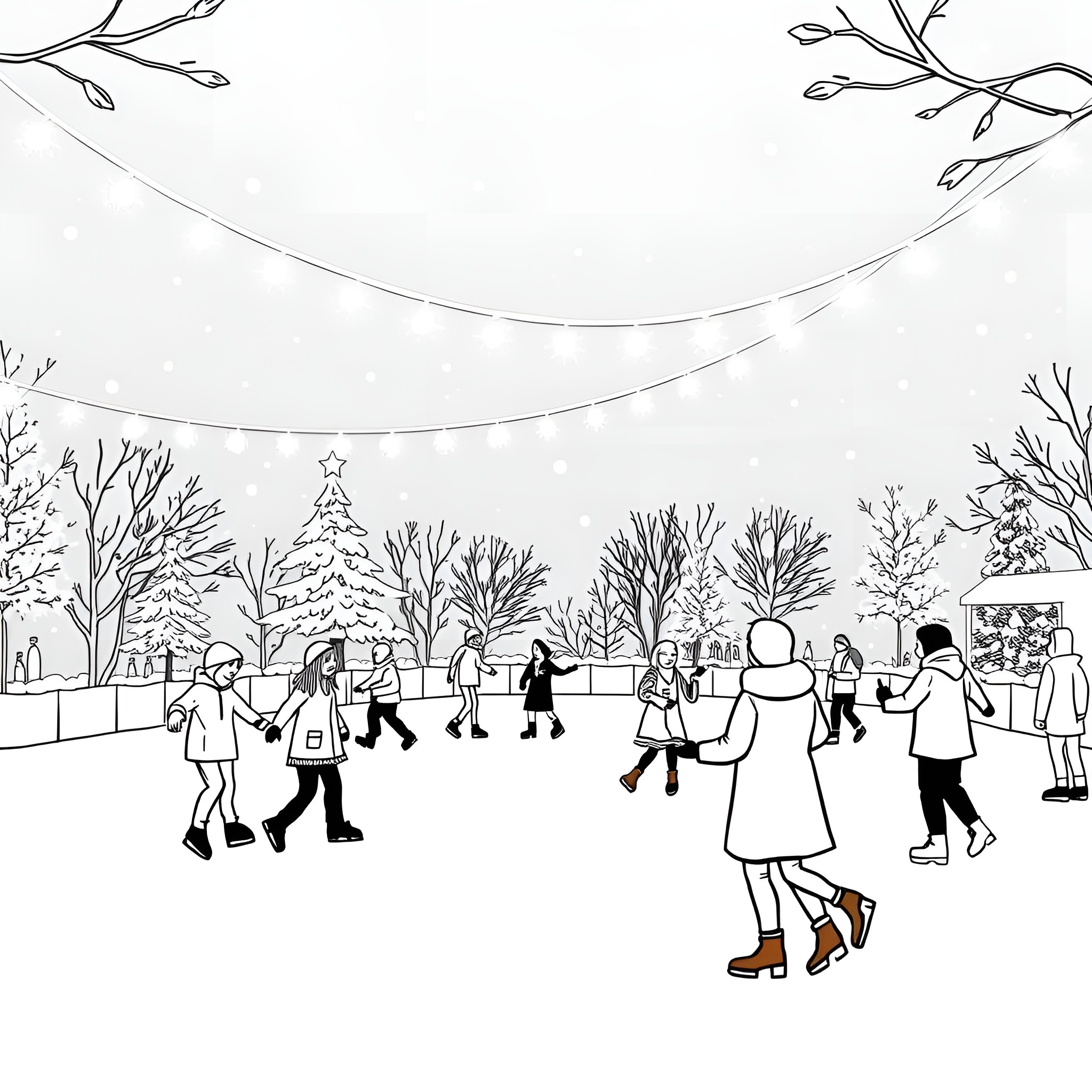 Christmas celebrations in a winter wonderland Coloring Page (free black-and-white line drawing printable PDF for all, from beginners to advanced learners, including children, teens, adults, and seniors)