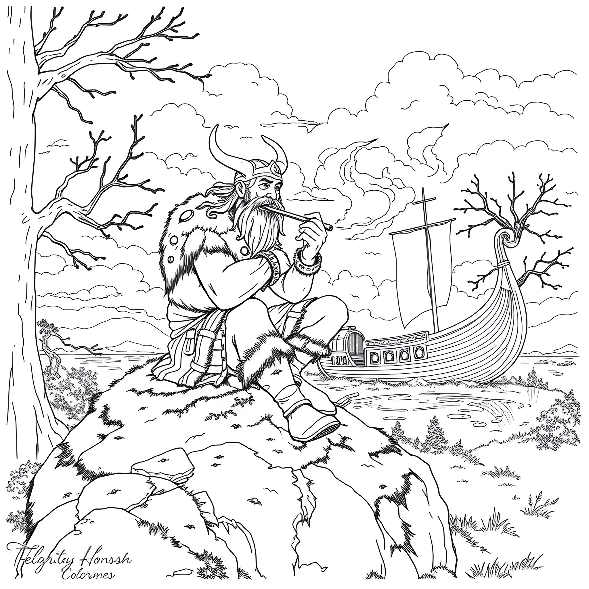 Viking warrior contemplating on a rocky cliff overlooking the sea Coloring Page (free black-and-white line drawing printable PDF for all, from beginners to advanced learners, including children, teens, adults, and seniors)