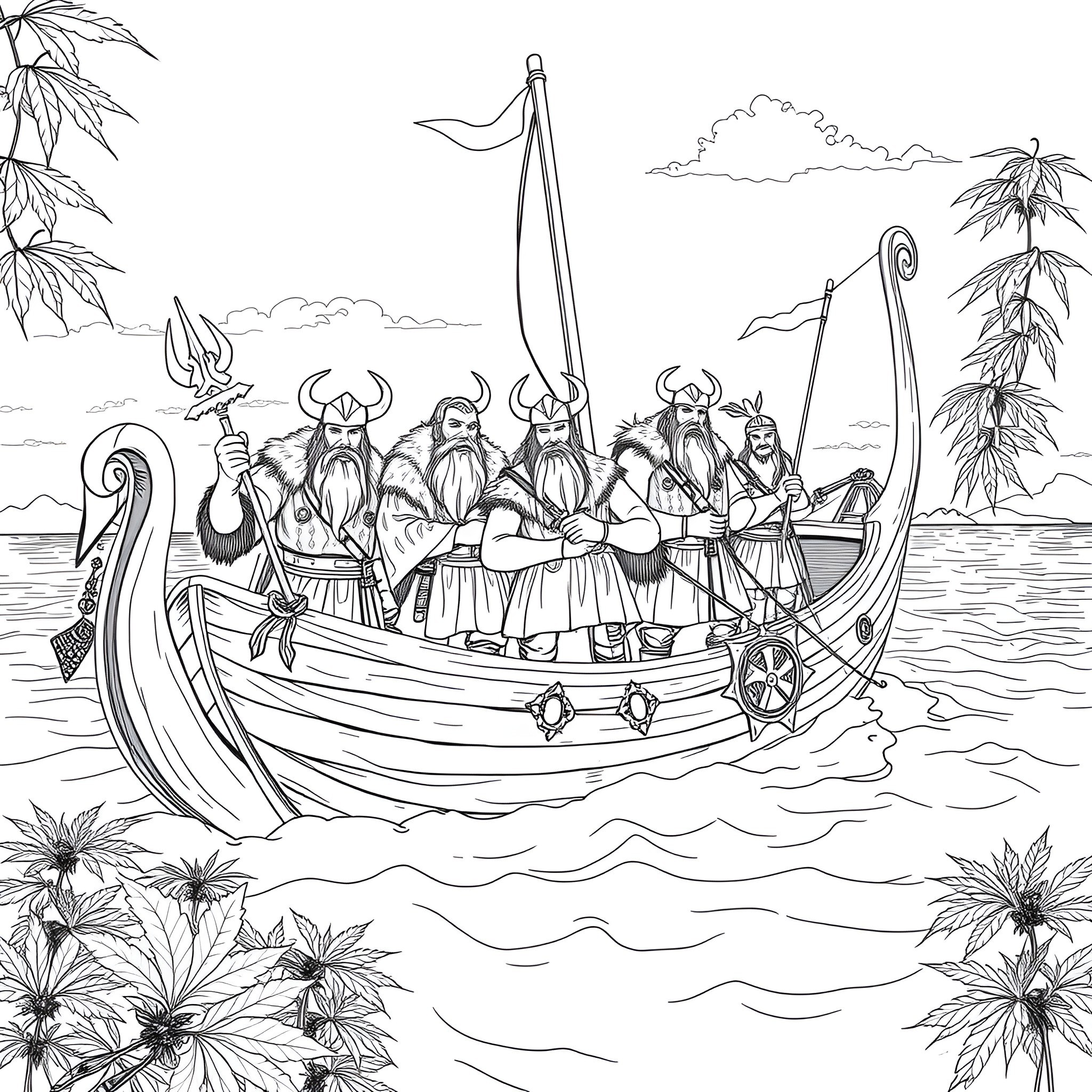 Viking Warriors Sailing Across the Ocean Coloring Page (free black-and-white line drawing printable PDF for all, from beginners to advanced learners, including children, teens, adults, and seniors)