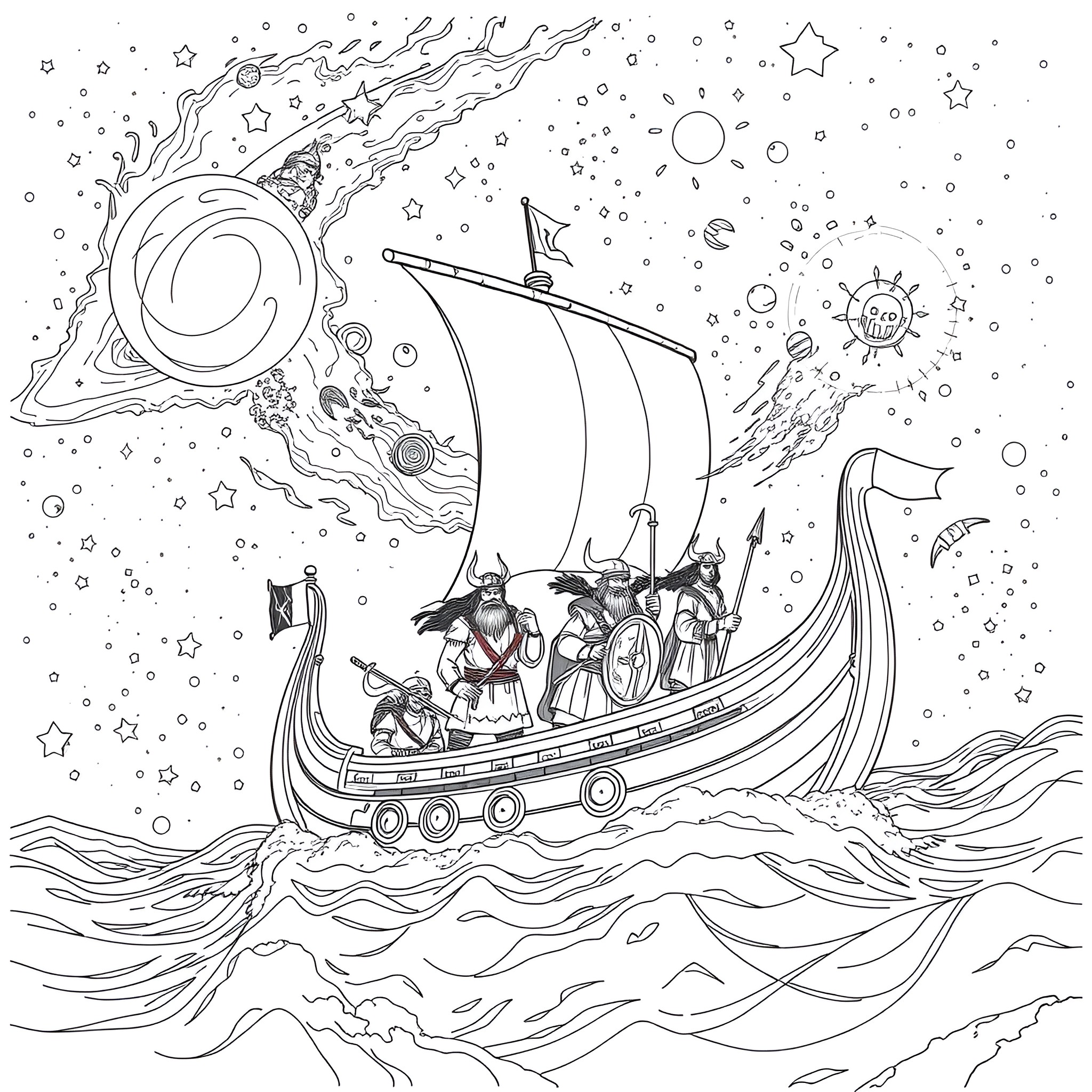 Viking ship sailing through cosmic waves and stars Coloring Page (free black-and-white line drawing printable PDF for all, from beginners to advanced learners, including children, teens, adults, and seniors)