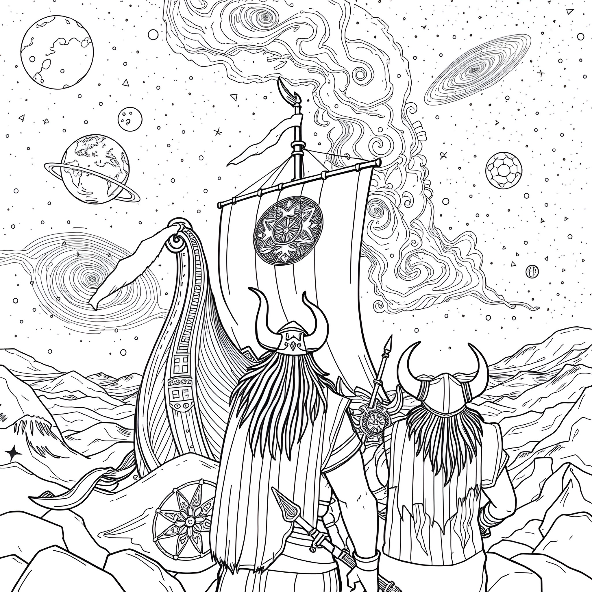 Viking warriors explore the cosmic universe Coloring Page (free black-and-white line drawing printable PDF for all, from beginners to advanced learners, including children, teens, adults, and seniors)