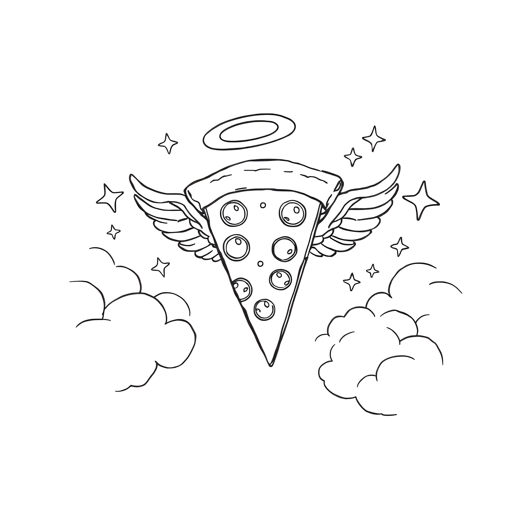Pizza Slice flying with wings in the clouds Coloring Page (free black-and-white line drawing printable PDF for all, from beginners to advanced learners, including children, teens, adults, and seniors)