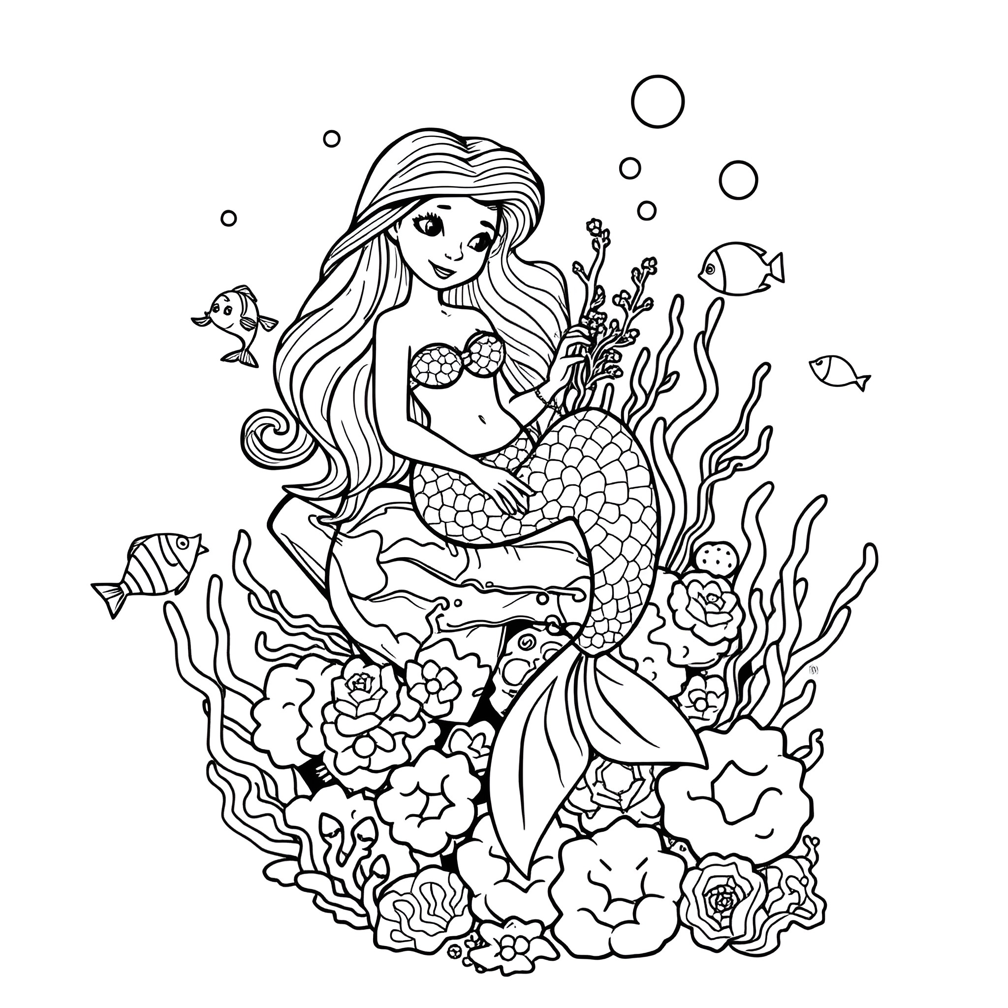 Mermaid Swimming Joyfully Amidst Sea Life Coloring Page (free black-and-white line drawing printable PDF for all, from beginners to advanced learners, including children, teens, adults, and seniors)