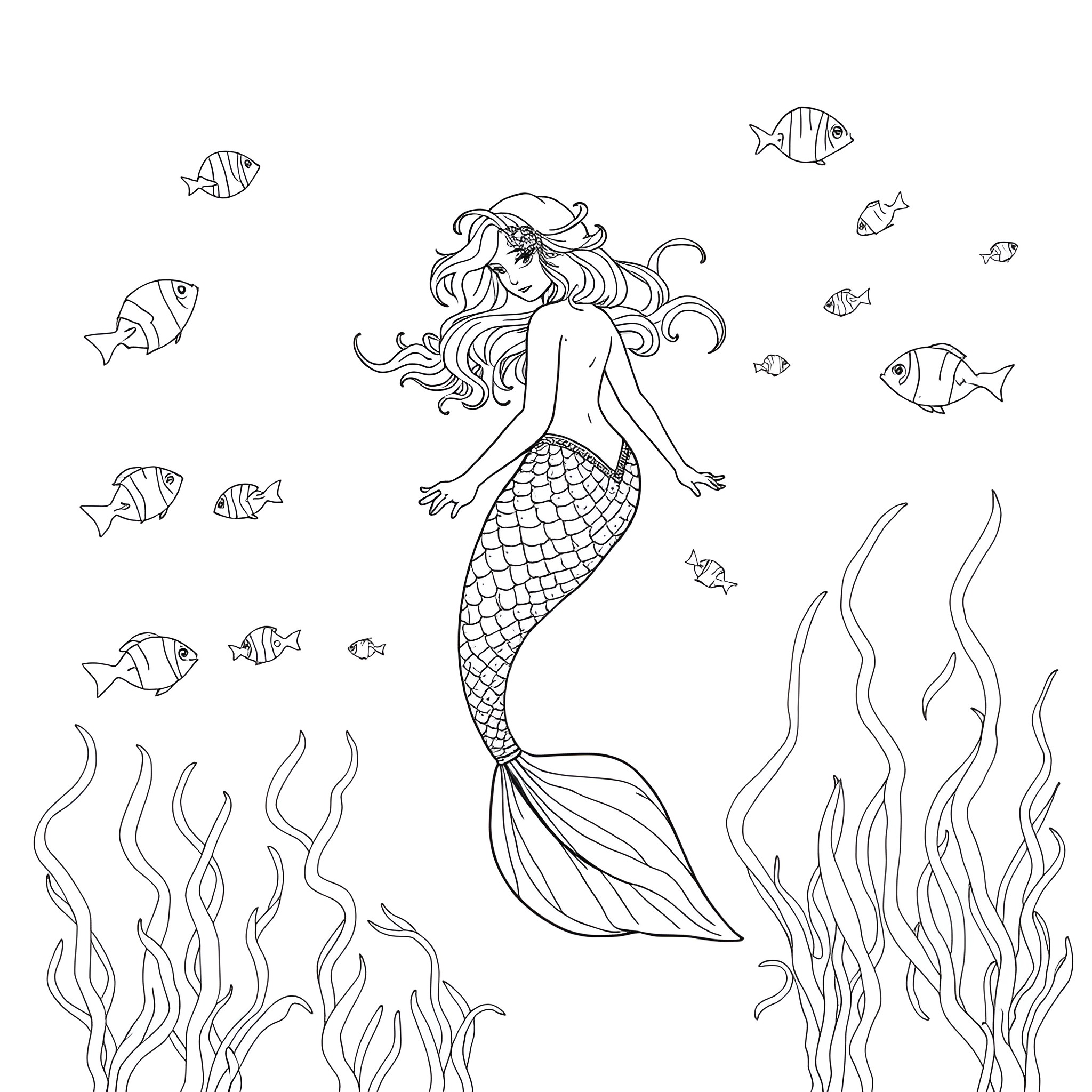 Mermaid swimming among vibrant marine life Coloring Page (free black-and-white line drawing printable PDF for all, from beginners to advanced learners, including children, teens, adults, and seniors)