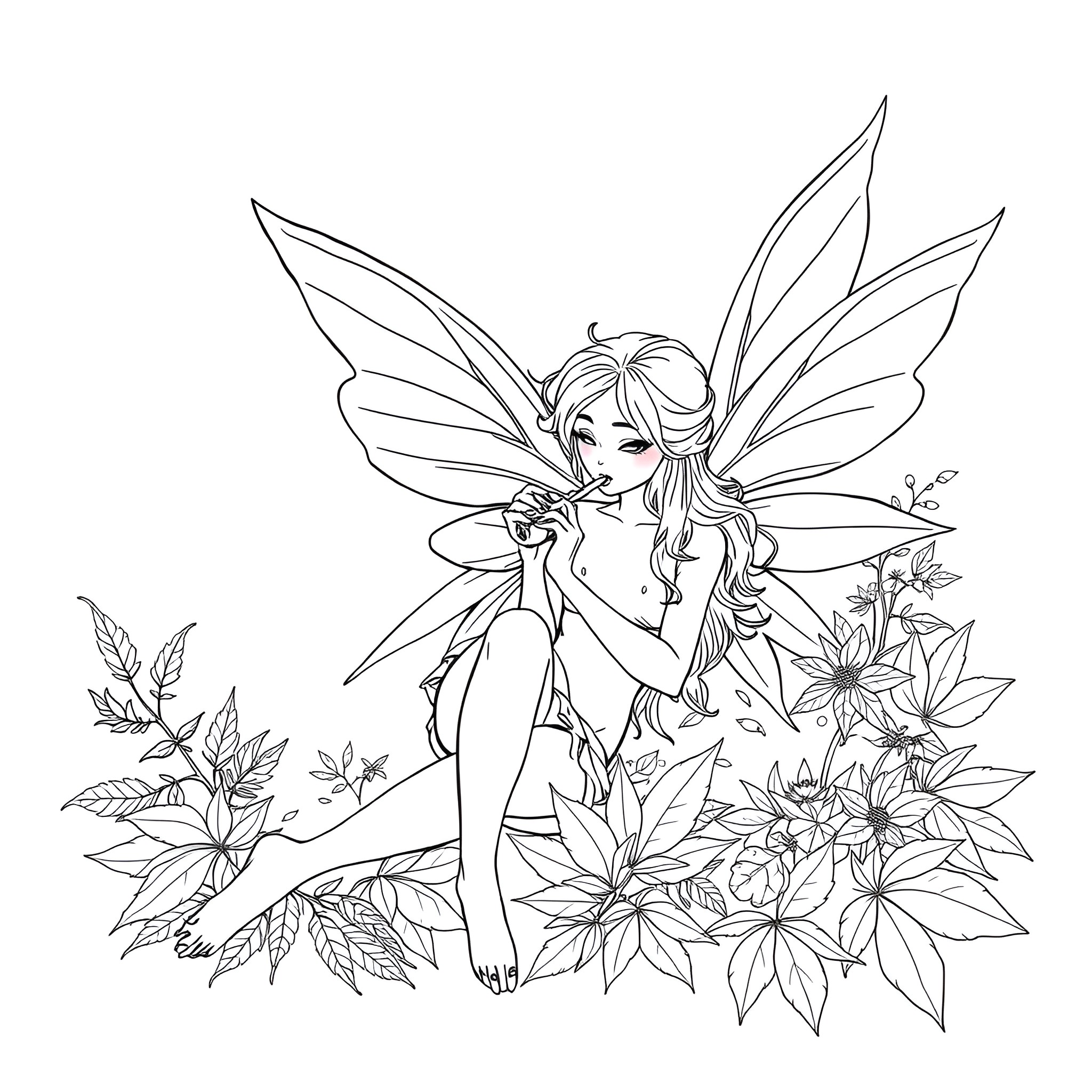 Fairy sitting gracefully among lush flora Coloring Page (free black-and-white line drawing printable PDF for all, from beginners to advanced learners, including children, teens, adults, and seniors)