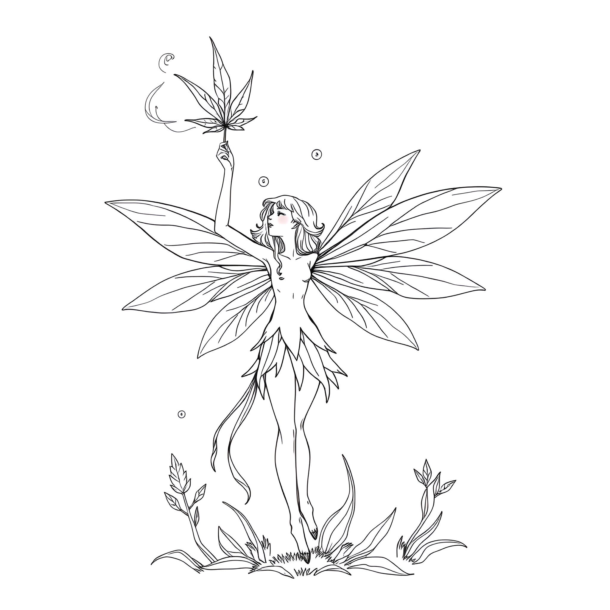 Fairy dancing among whimsical flora Coloring Page (free black-and-white line drawing printable PDF for all, from beginners to advanced learners, including children, teens, adults, and seniors)