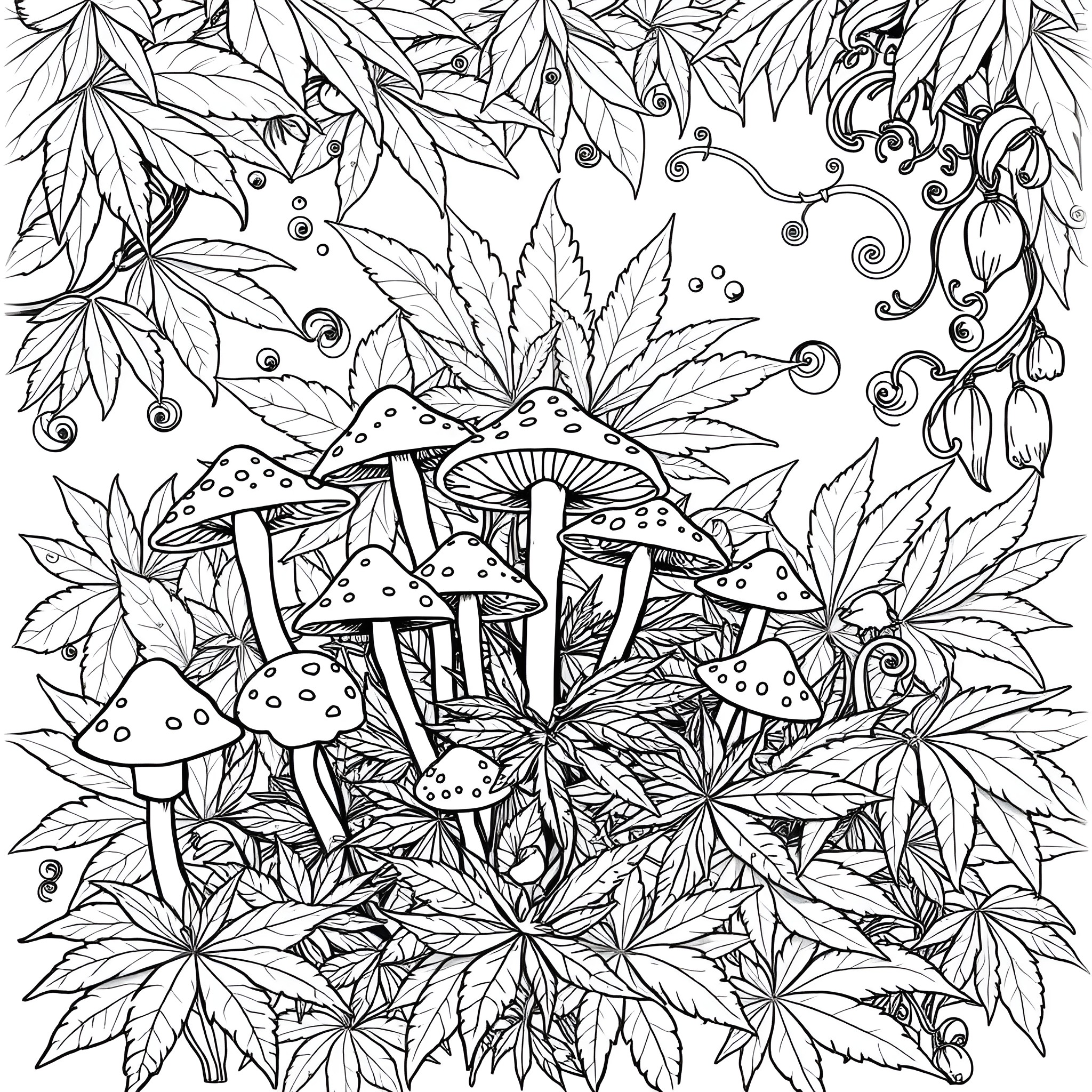 Mushroom fantasy forest with whimsical elements Coloring Page (free black-and-white line drawing printable PDF for all, from beginners to advanced learners, including children, teens, adults, and seniors)