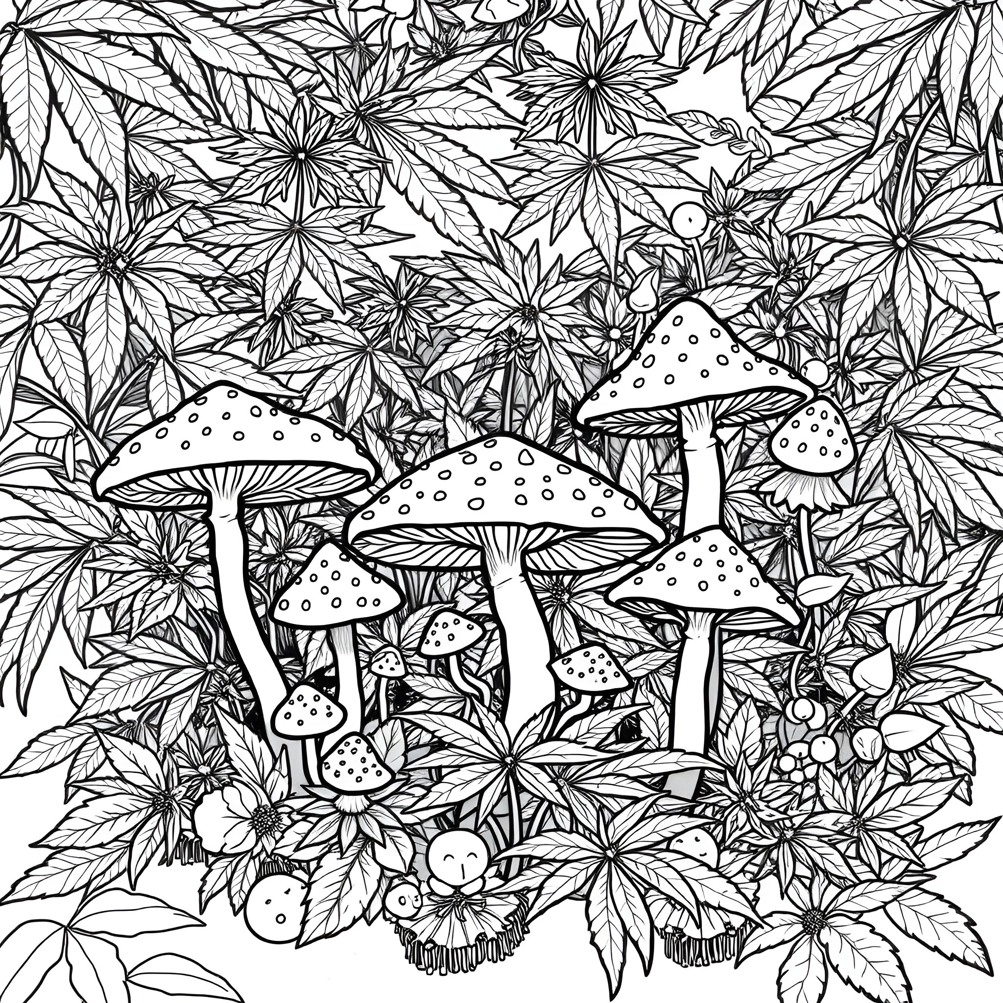 Mushroom Woodland Fantasy with Intricate Leaves Coloring Page (free black-and-white line drawing printable PDF for all, from beginners to advanced learners, including children, teens, adults, and seniors)
