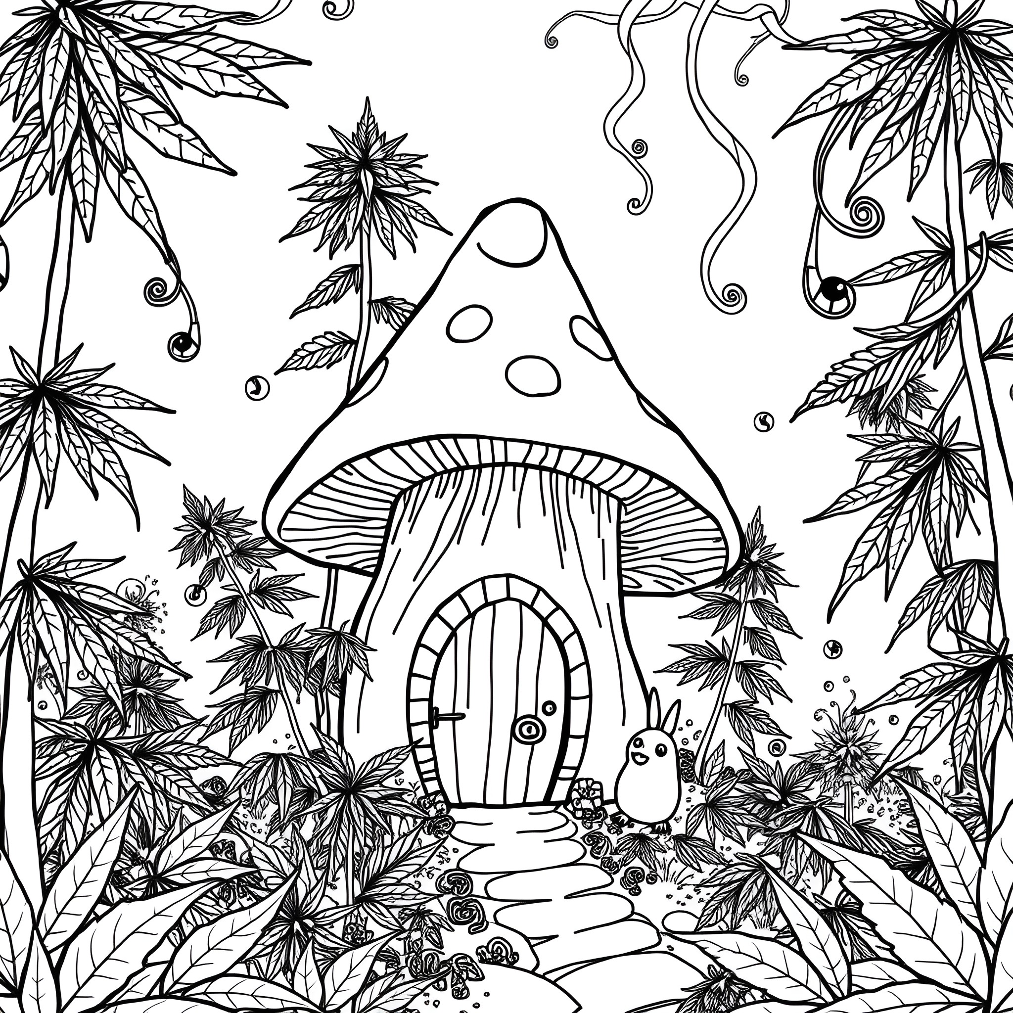 Mushroom fantasy scene with whimsical elements Coloring Page (free black-and-white line drawing printable PDF for all, from beginners to advanced learners, including children, teens, adults, and seniors)