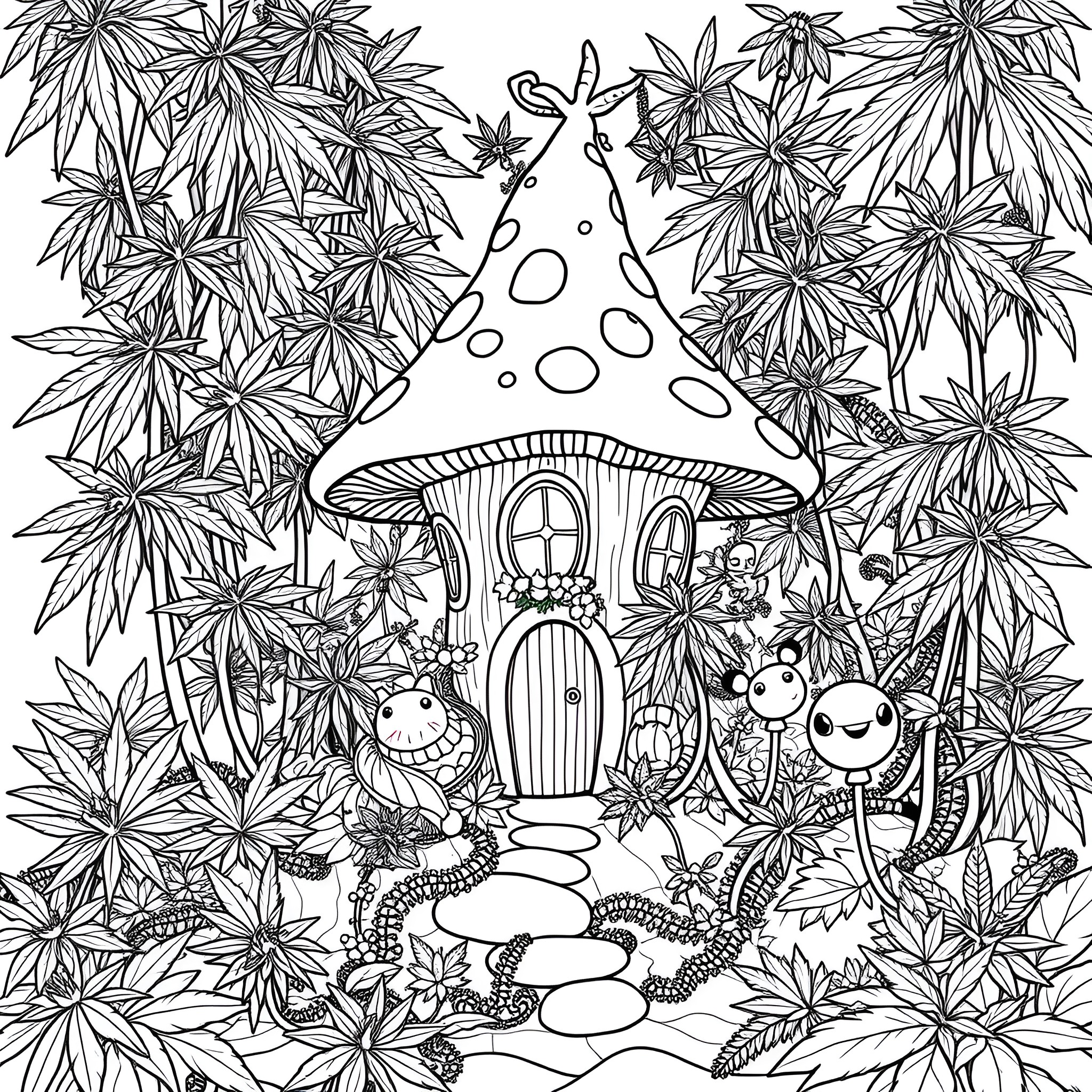 Mushroom house surrounded by whimsical creatures Coloring Page (free black-and-white line drawing printable PDF for all, from beginners to advanced learners, including children, teens, adults, and seniors)