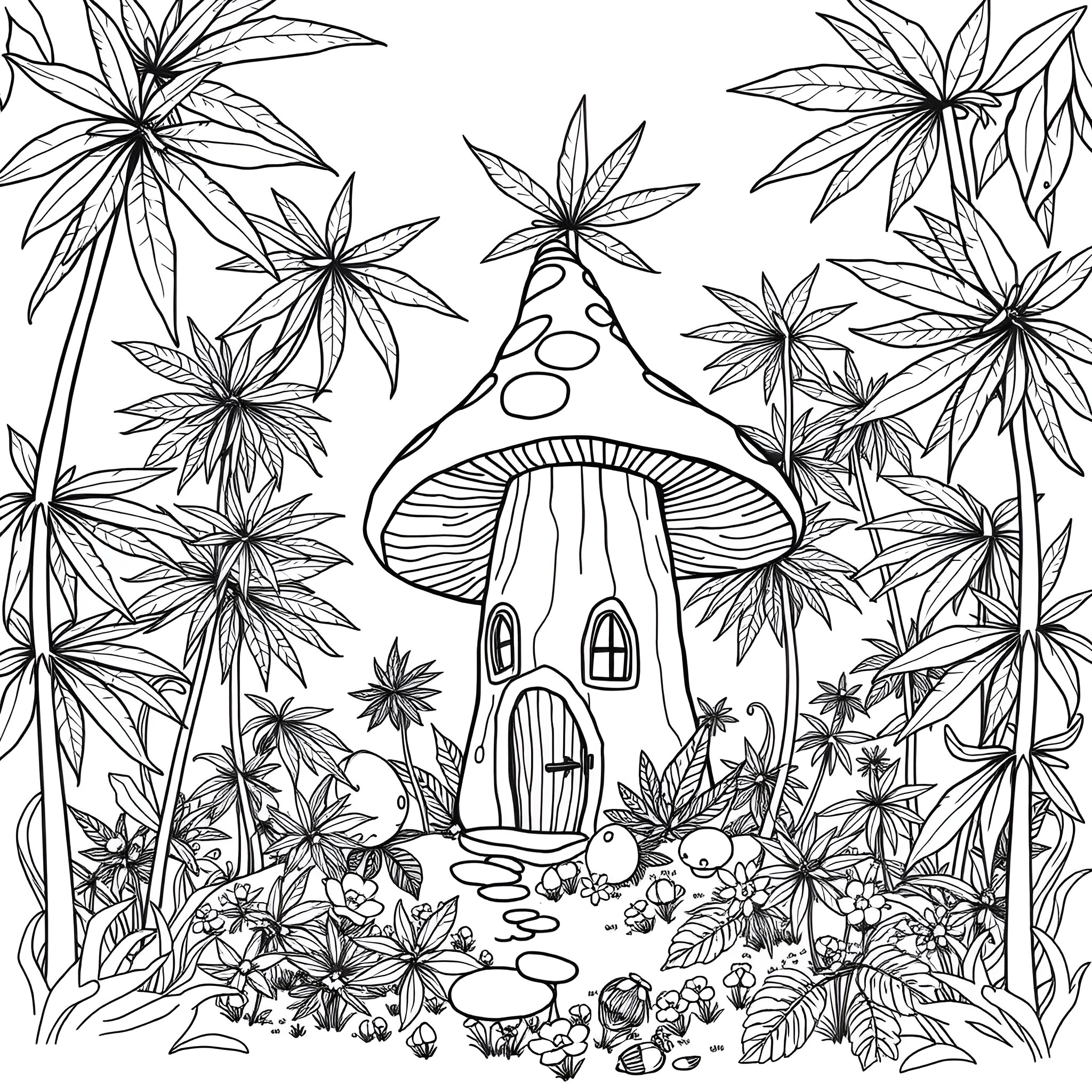 Mushroom House Surrounded by Tropical Foliage Coloring Page (free black-and-white line drawing printable PDF for all, from beginners to advanced learners, including children, teens, adults, and seniors)