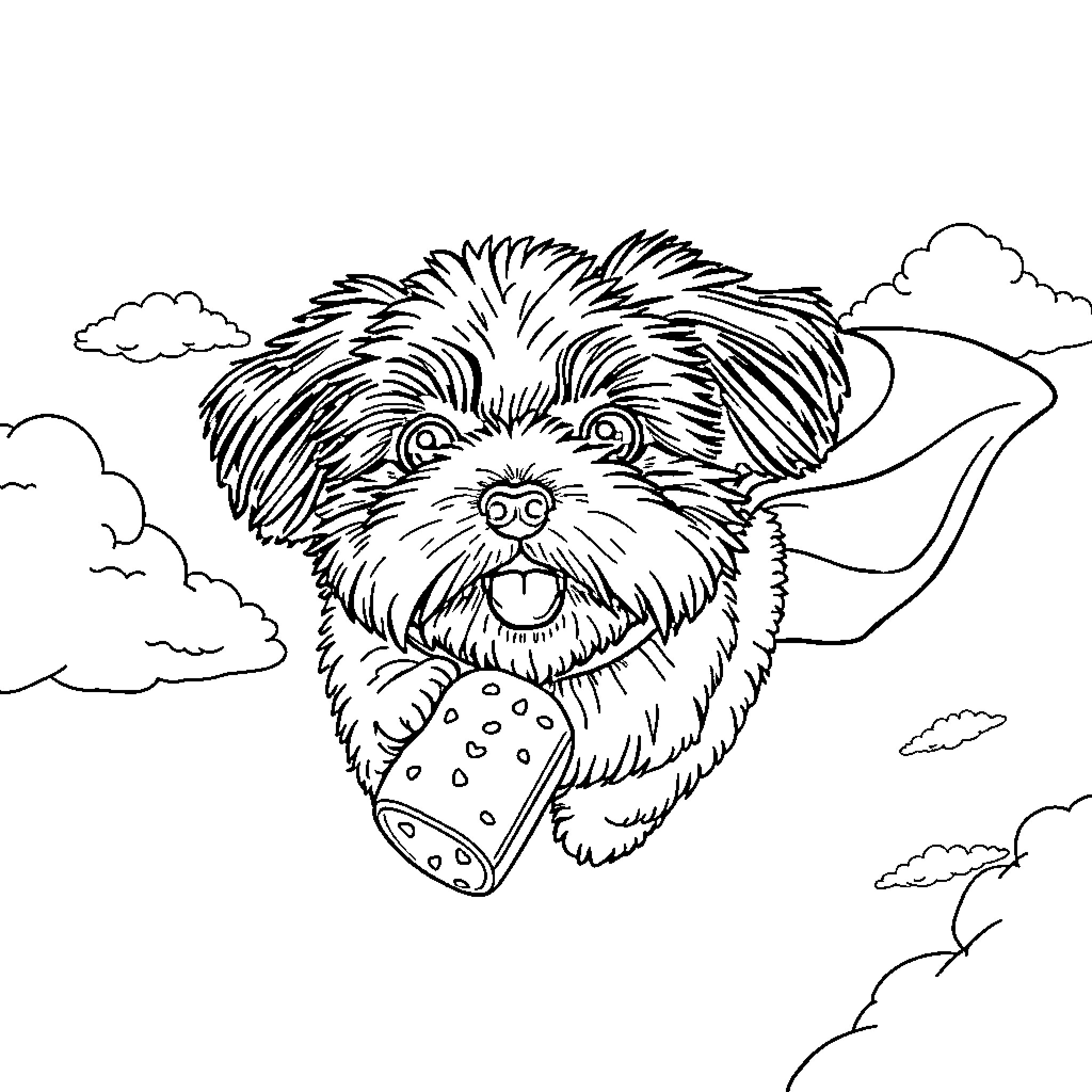 Shih Tzu playing joyfully with ball in the clouds Coloring Page (free black-and-white line drawing printable PDF for all, from beginners to advanced learners, including children, teens, adults, and seniors)