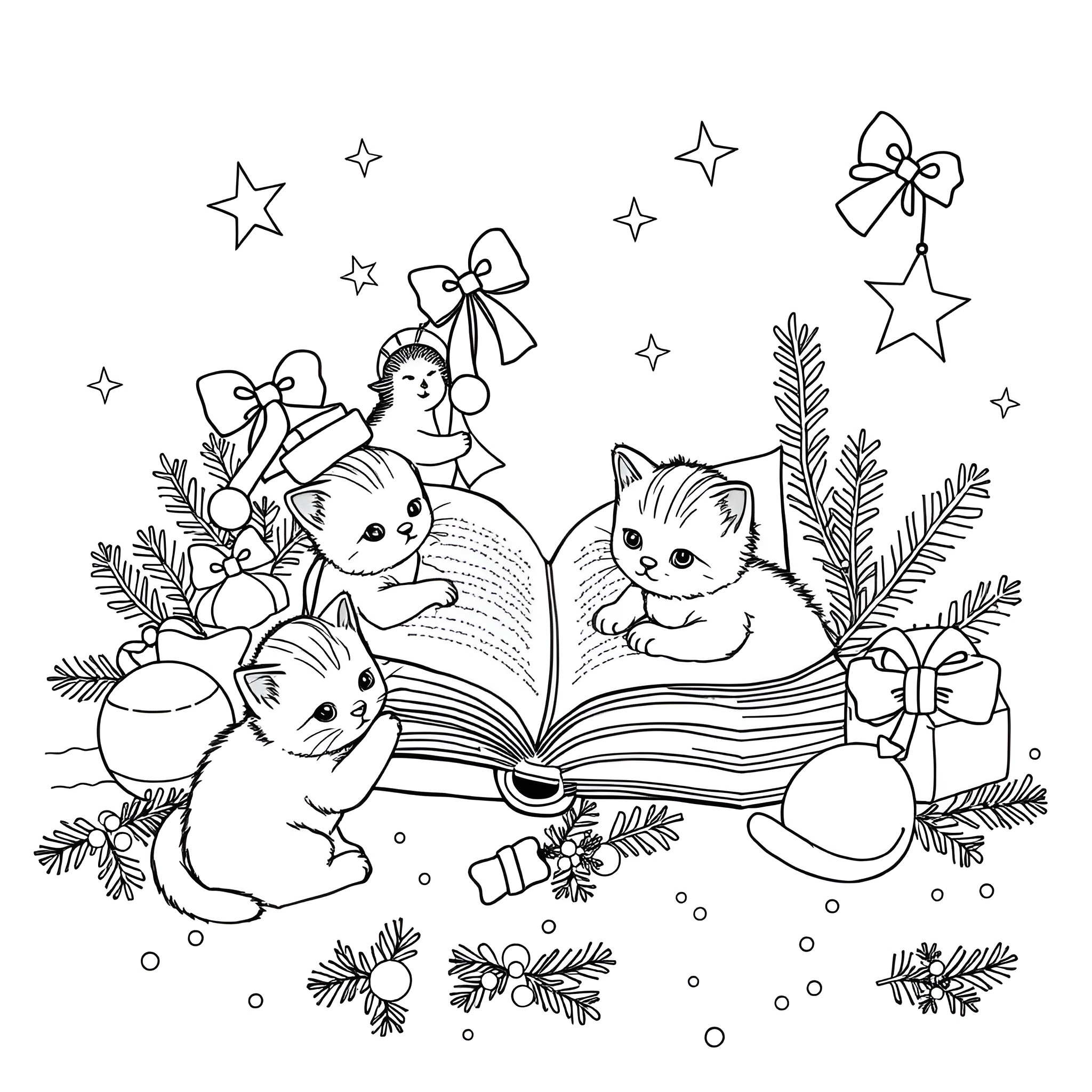 Kittens playing with gifts and ornaments in the snow Coloring Page (free black-and-white line drawing printable PDF for all, from beginners to advanced learners, including children, teens, adults, and seniors)