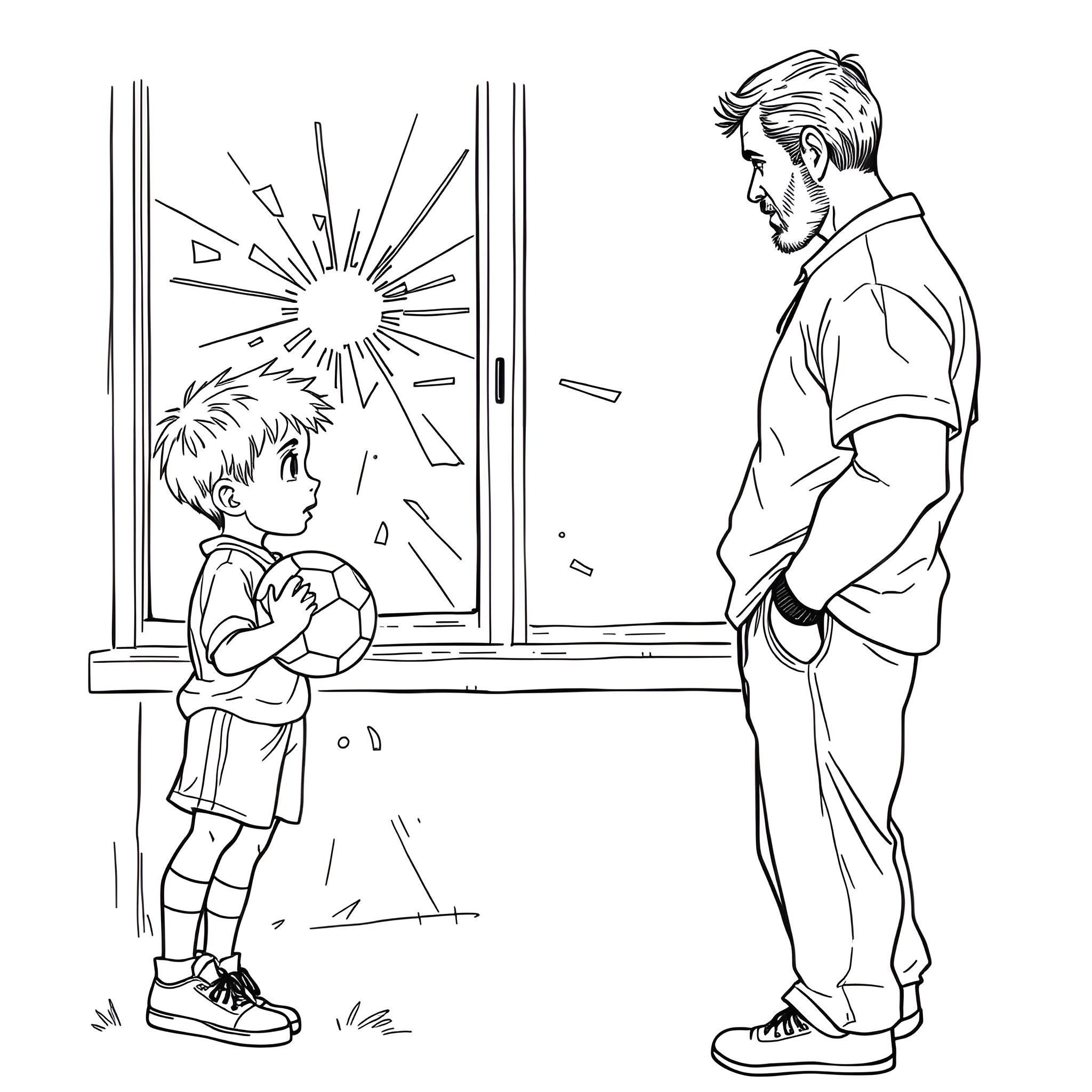 Boy gazing out the window as adult looks on Coloring Page (free black-and-white line drawing printable PDF for all, from beginners to advanced learners, including children, teens, adults, and seniors)