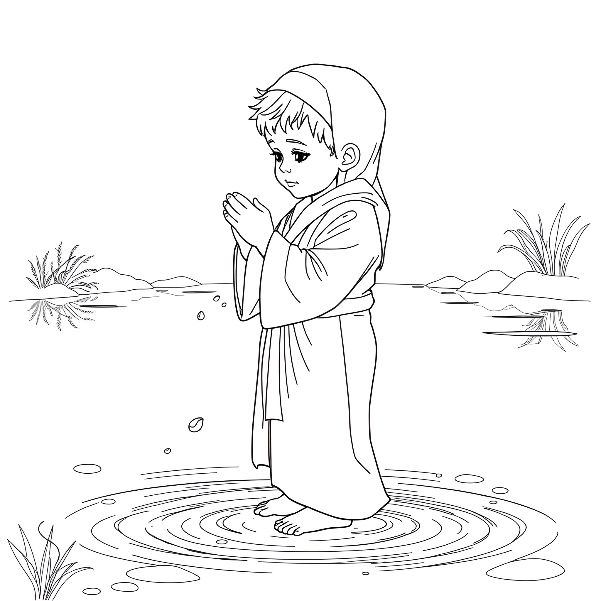 Child praying in a serene outdoor setting Coloring Page (free black-and-white line drawing printable PDF for all, from beginners to advanced learners, including children, teens, adults, and seniors)