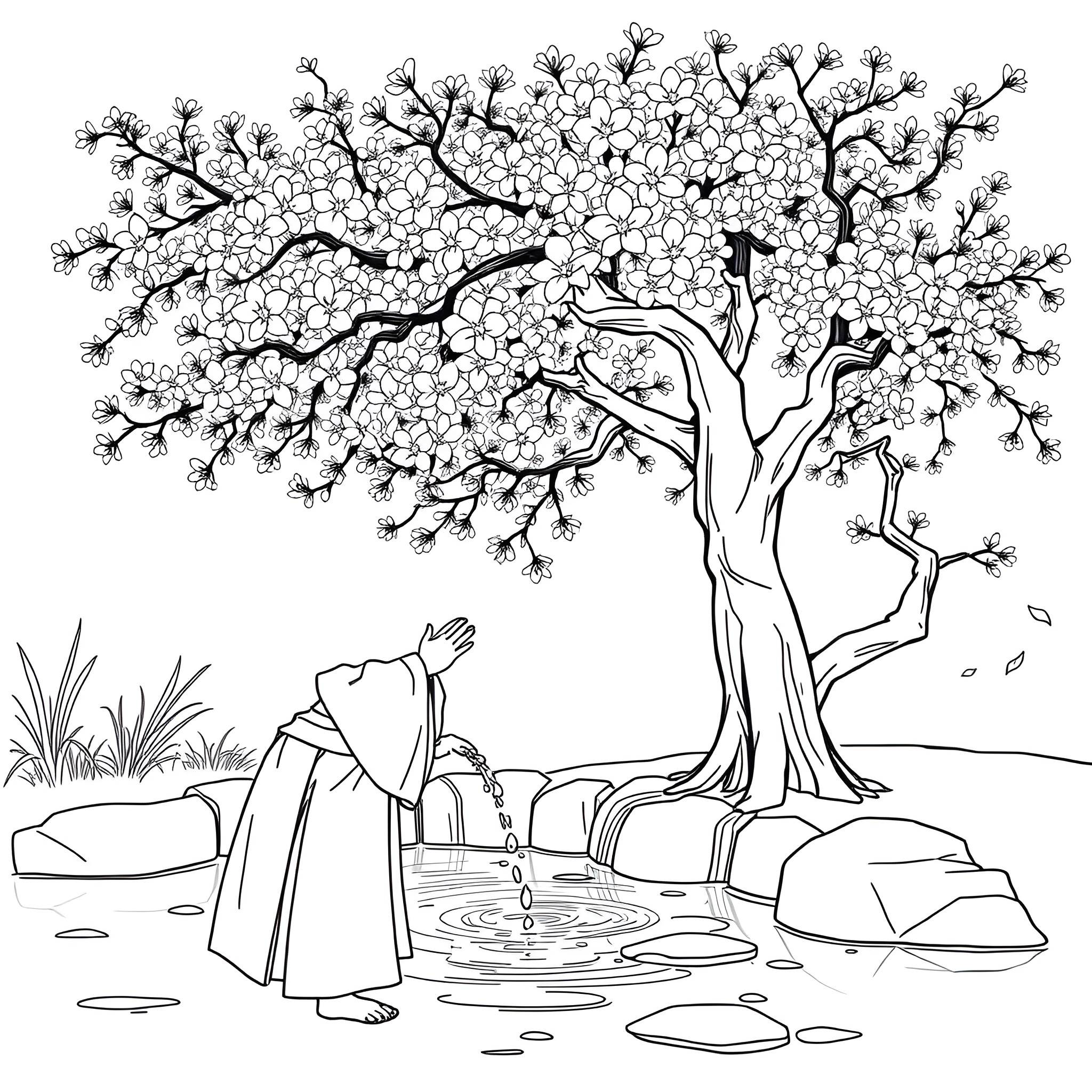 Child exploring nature under a blossoming tree Coloring Page (free black-and-white line drawing printable PDF for all, from beginners to advanced learners, including children, teens, adults, and seniors)