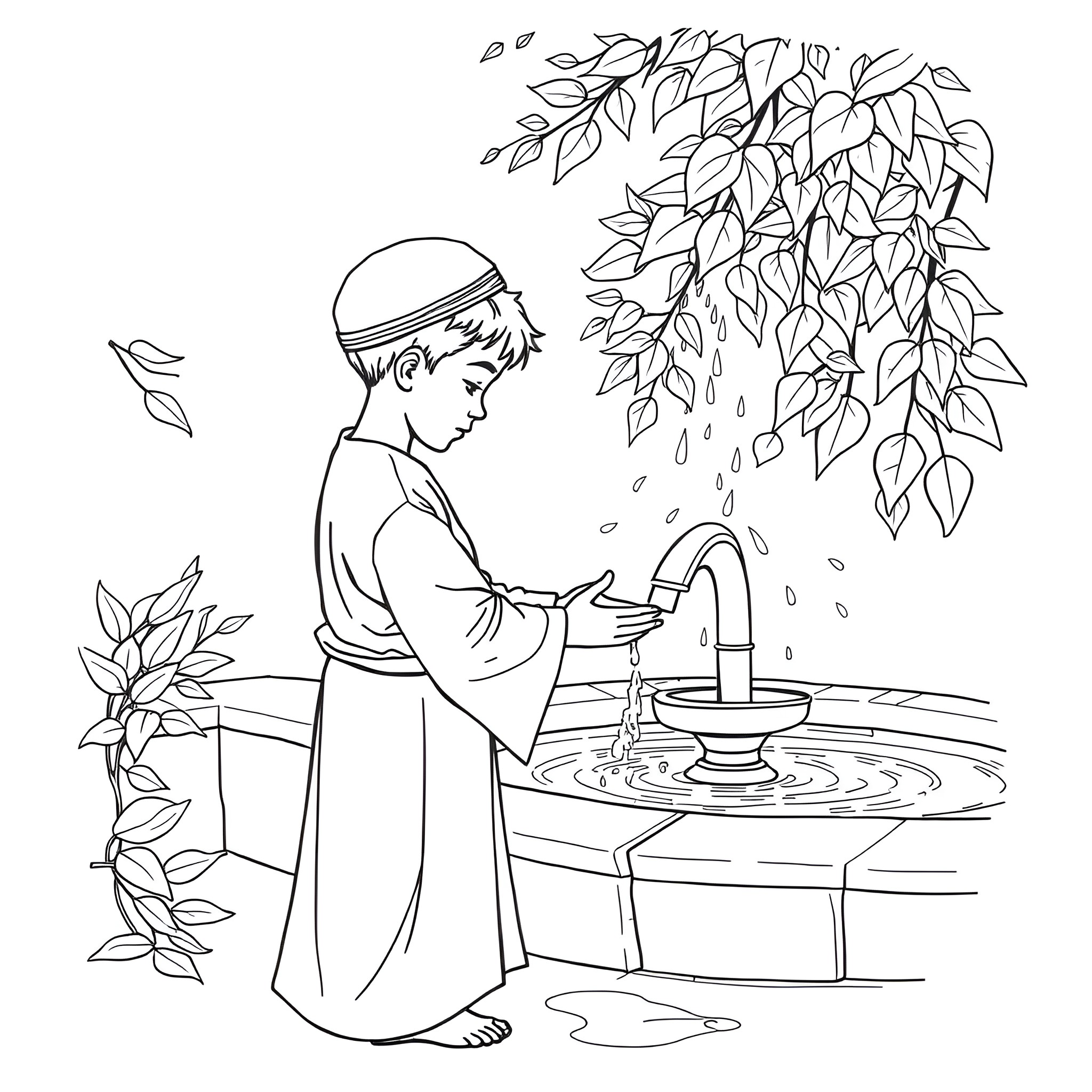 Boy praying under a tree by a fountain Coloring Page (free black-and-white line drawing printable PDF for all, from beginners to advanced learners, including children, teens, adults, and seniors)