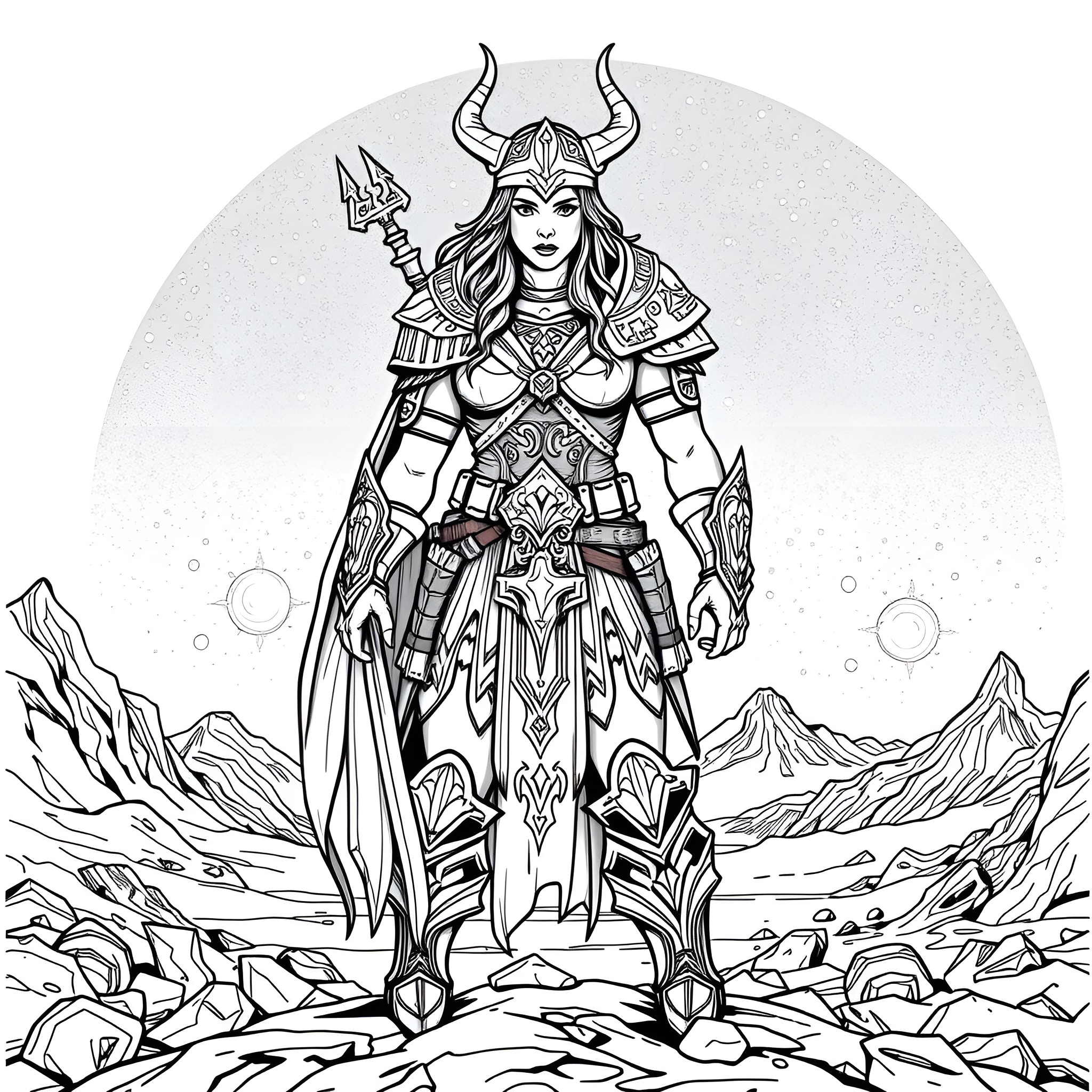 Viking Woman Warrior in Battle Stance Coloring Page (free black-and-white line drawing printable PDF for all, from beginners to advanced learners, including children, teens, adults, and seniors)
