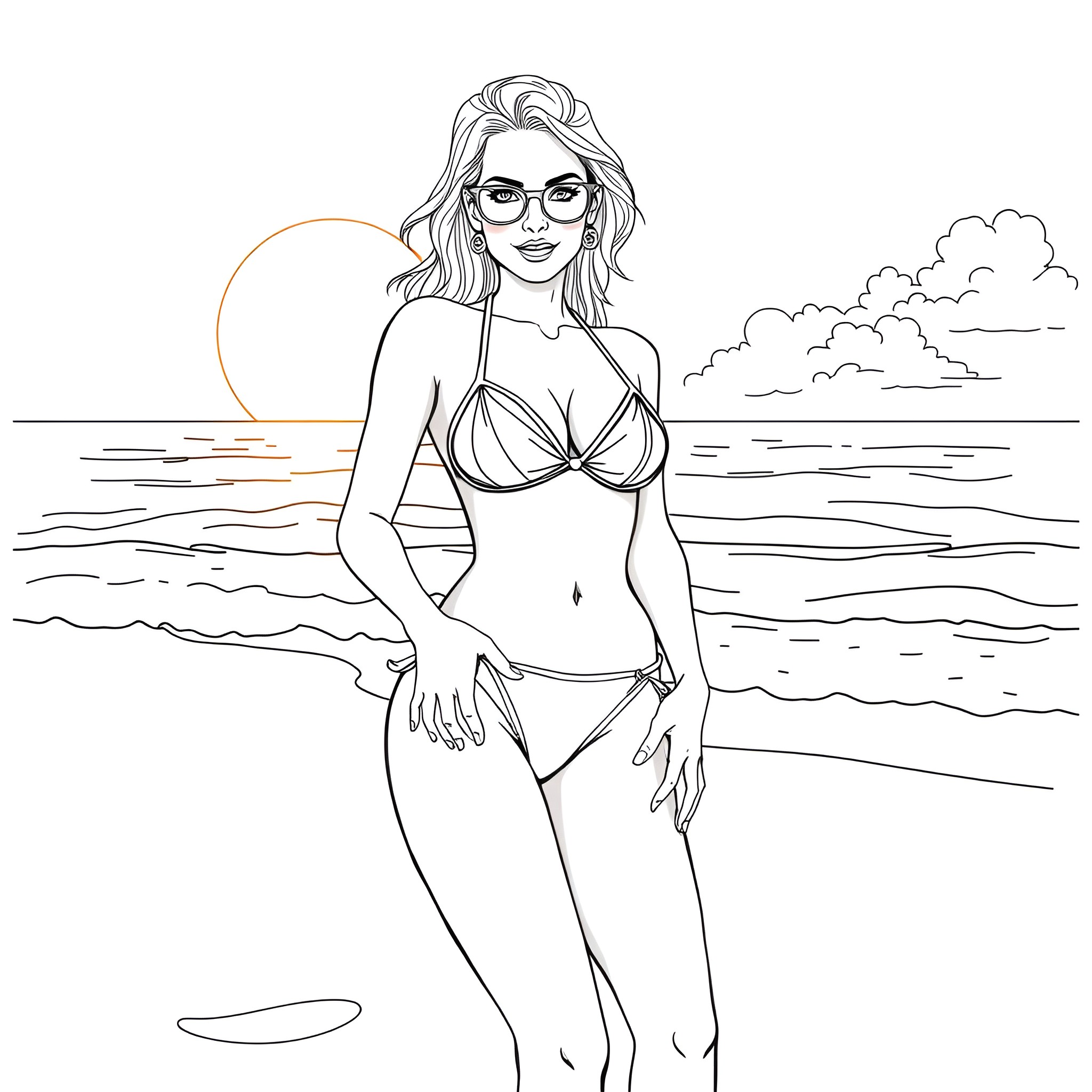 Woman enjoying the beach on a sunny day Coloring Page (free black-and-white line drawing printable PDF for all, from beginners to advanced learners, including children, teens, adults, and seniors)