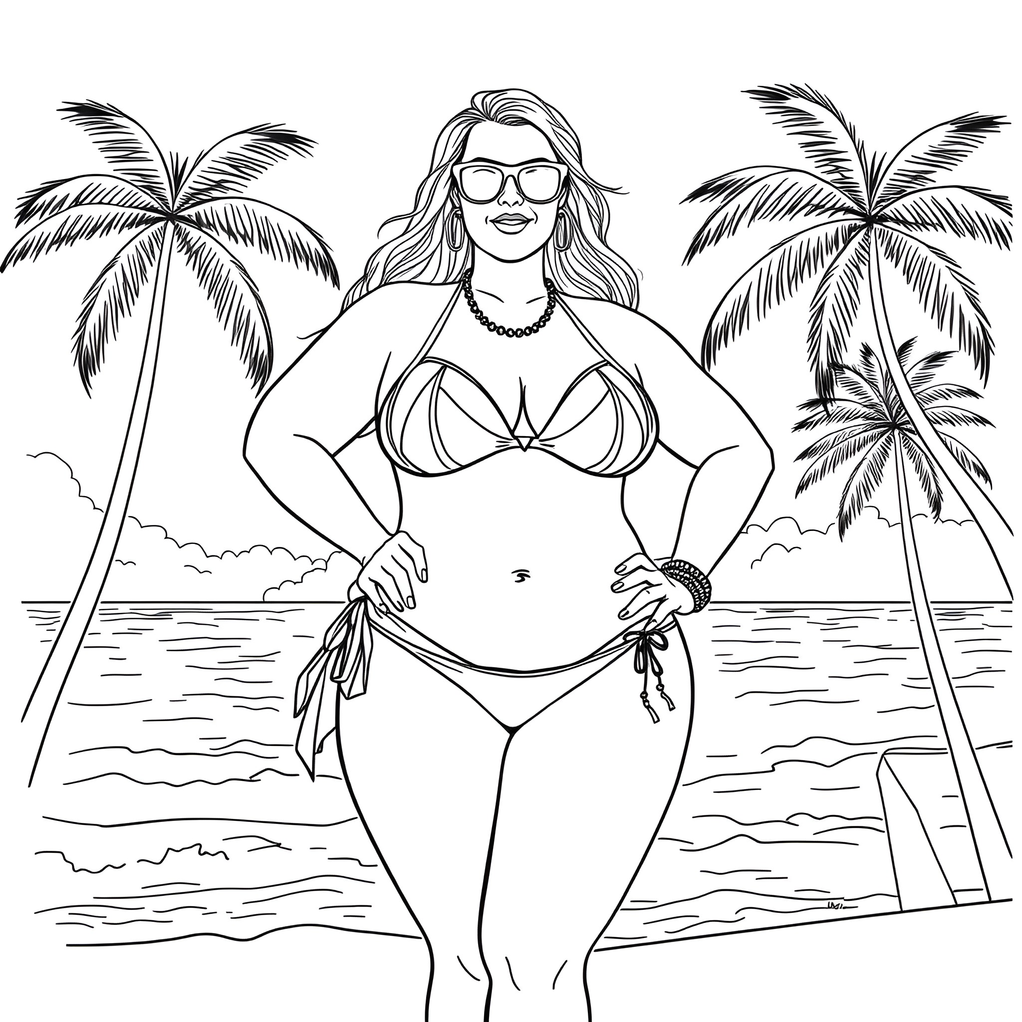 Woman enjoying a day at the beach Coloring Page (free black-and-white line drawing printable PDF for all, from beginners to advanced learners, including children, teens, adults, and seniors)