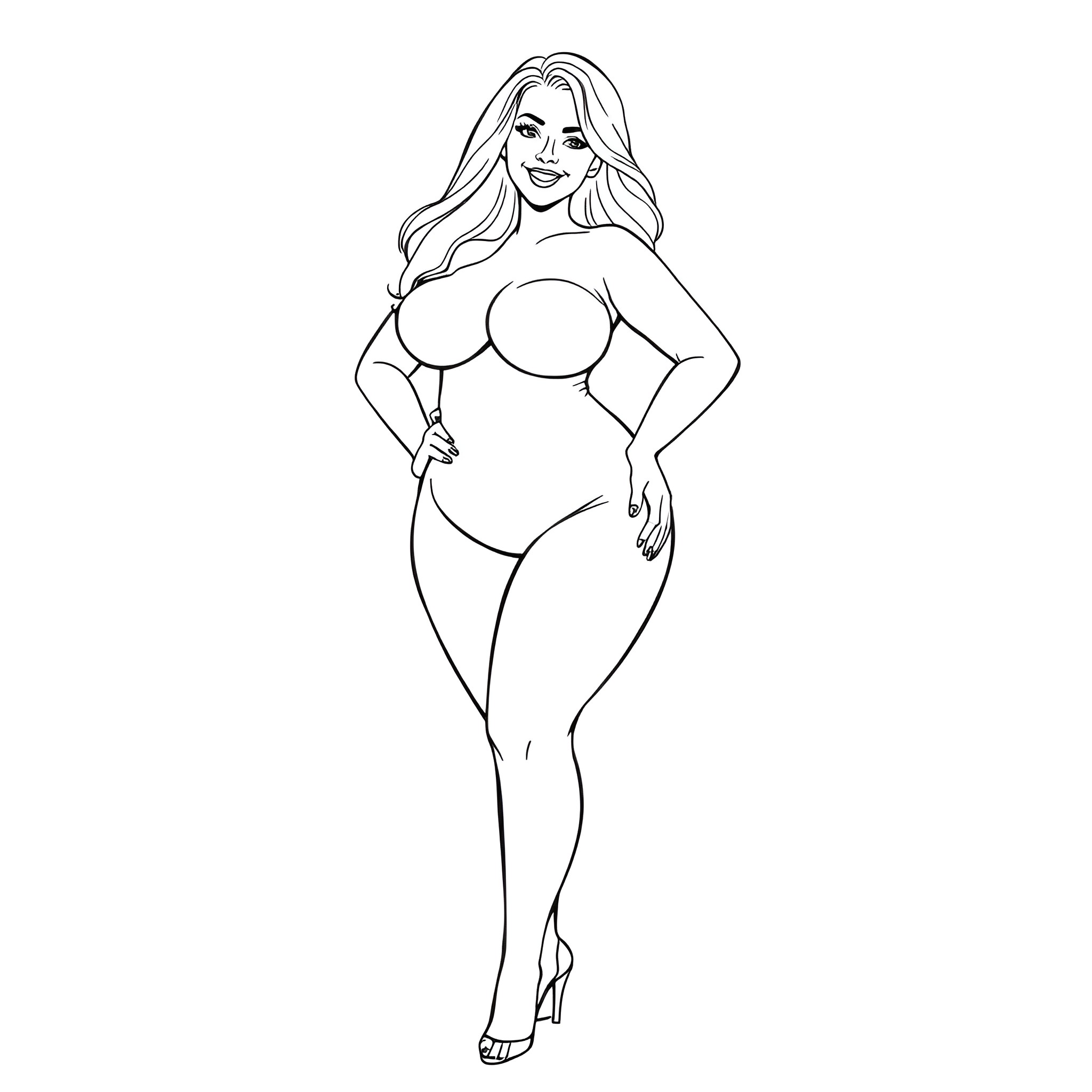 Woman in Revealing Outfit Posing Confidently Coloring Page (free black-and-white line drawing printable PDF for all, from beginners to advanced learners, including children, teens, adults, and seniors)