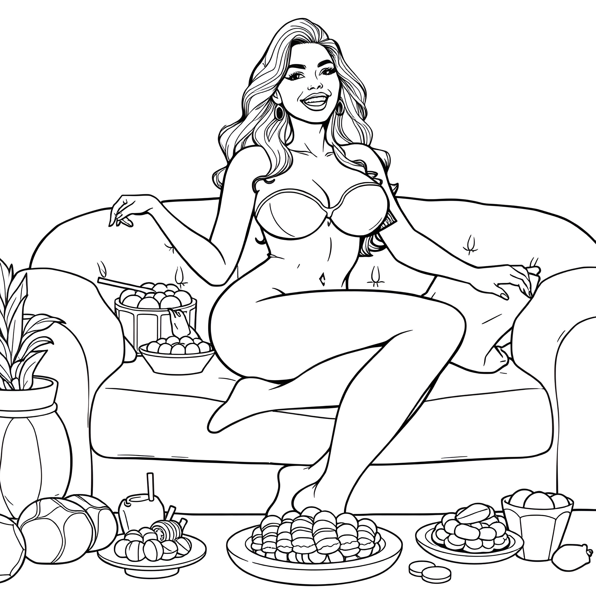 Woman relaxing on sofa with snacks and drinks Coloring Page (free black-and-white line drawing printable PDF for all, from beginners to advanced learners, including children, teens, adults, and seniors)