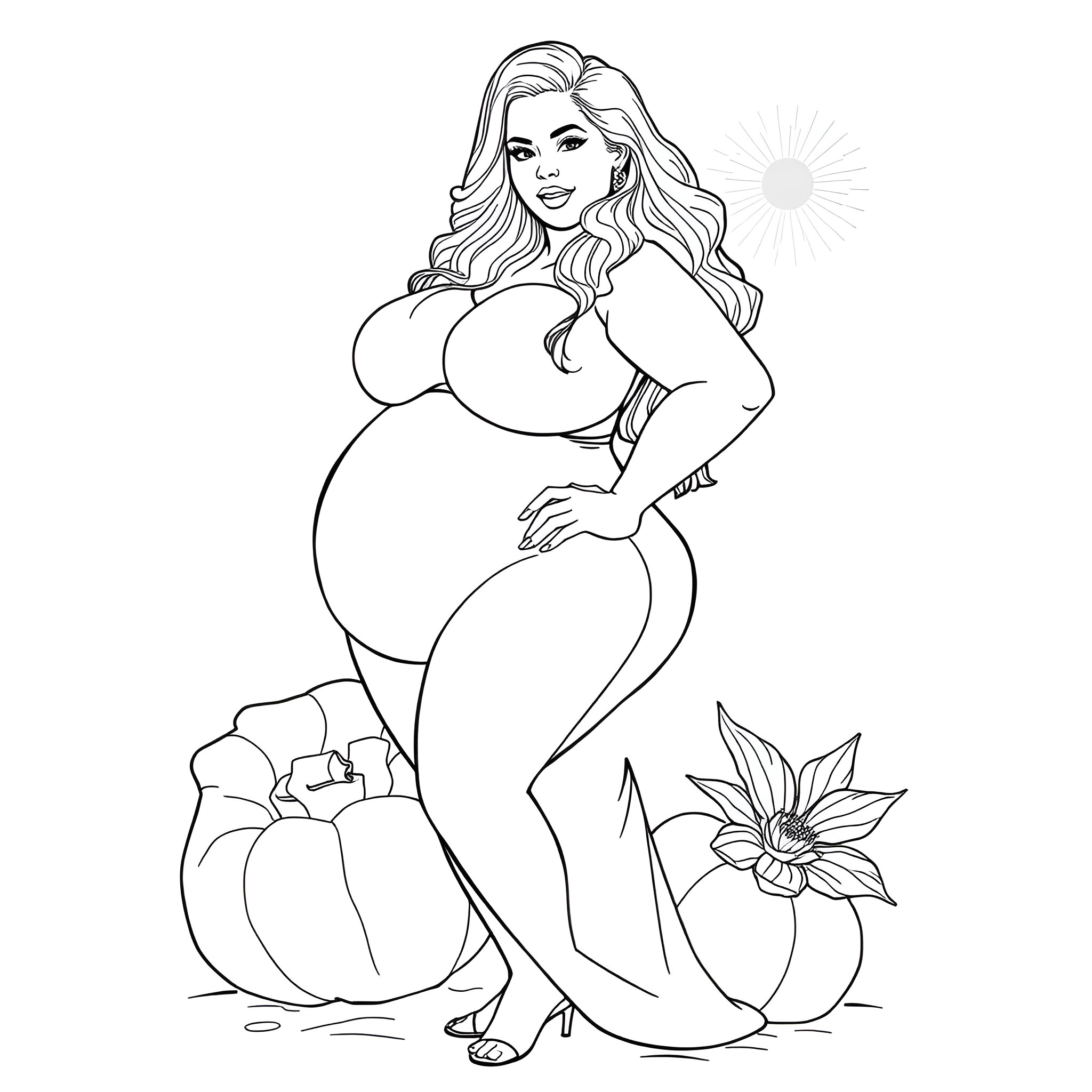 Woman posing confidently in a long flowing dress Coloring Page (free black-and-white line drawing printable PDF for all, from beginners to advanced learners, including children, teens, adults, and seniors)