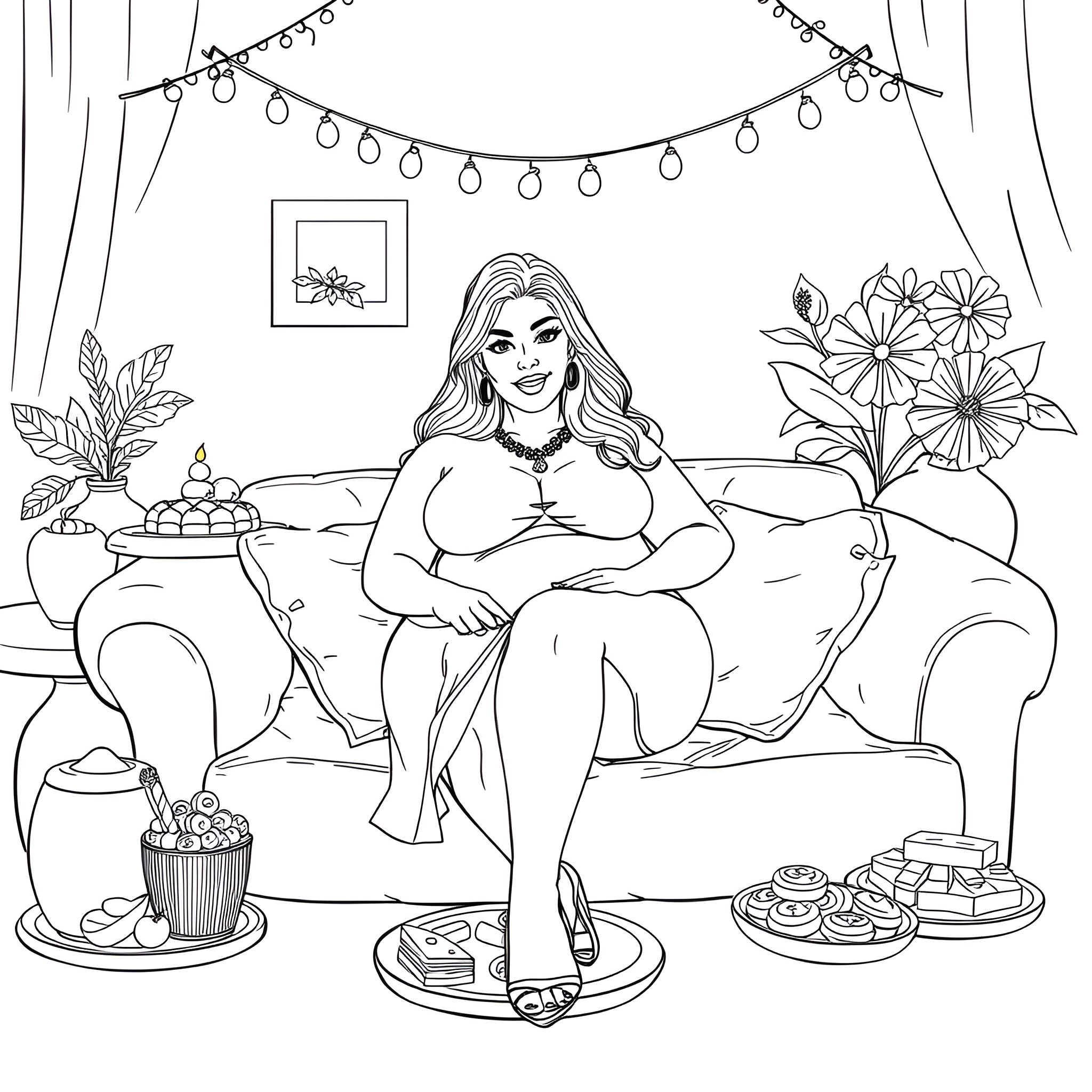 Woman relaxing at home with snacks and decor Coloring Page (free black-and-white line drawing printable PDF for all, from beginners to advanced learners, including children, teens, adults, and seniors)