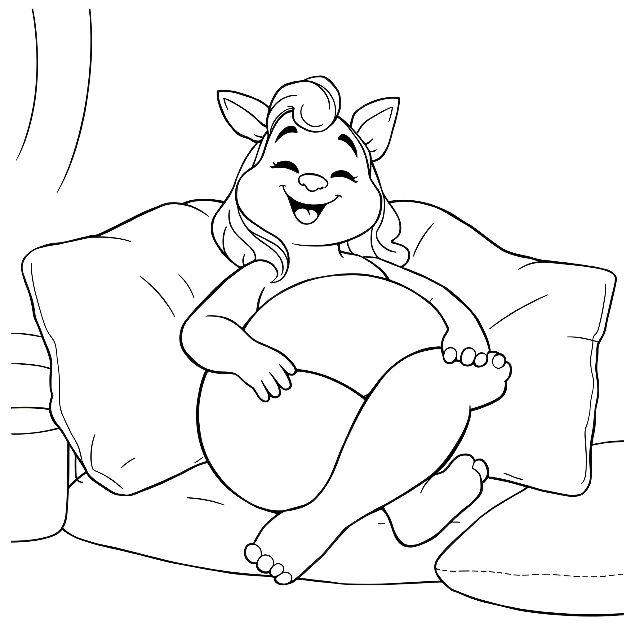 Feedee enjoying a comfortable moment Coloring Page (free black-and-white line drawing printable PDF for all, from beginners to advanced learners, including children, teens, adults, and seniors)