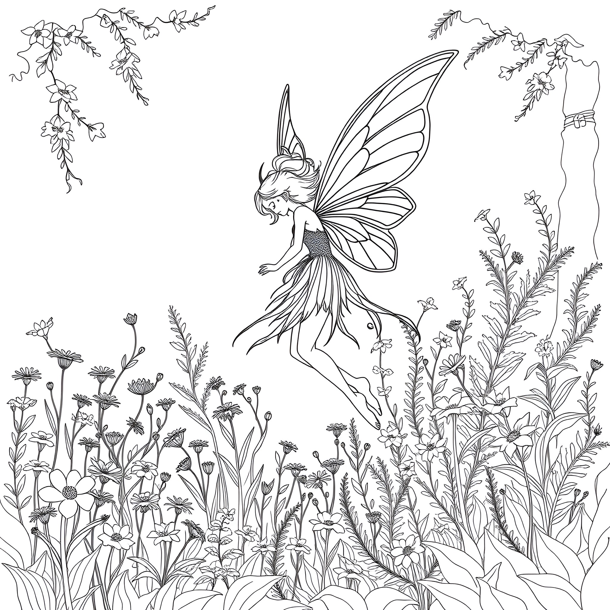 Fairy Princess Dancing Gracefully in a Magical Forest Coloring Page (free black-and-white line drawing printable PDF for all, from beginners to advanced learners, including children, teens, adults, and seniors)