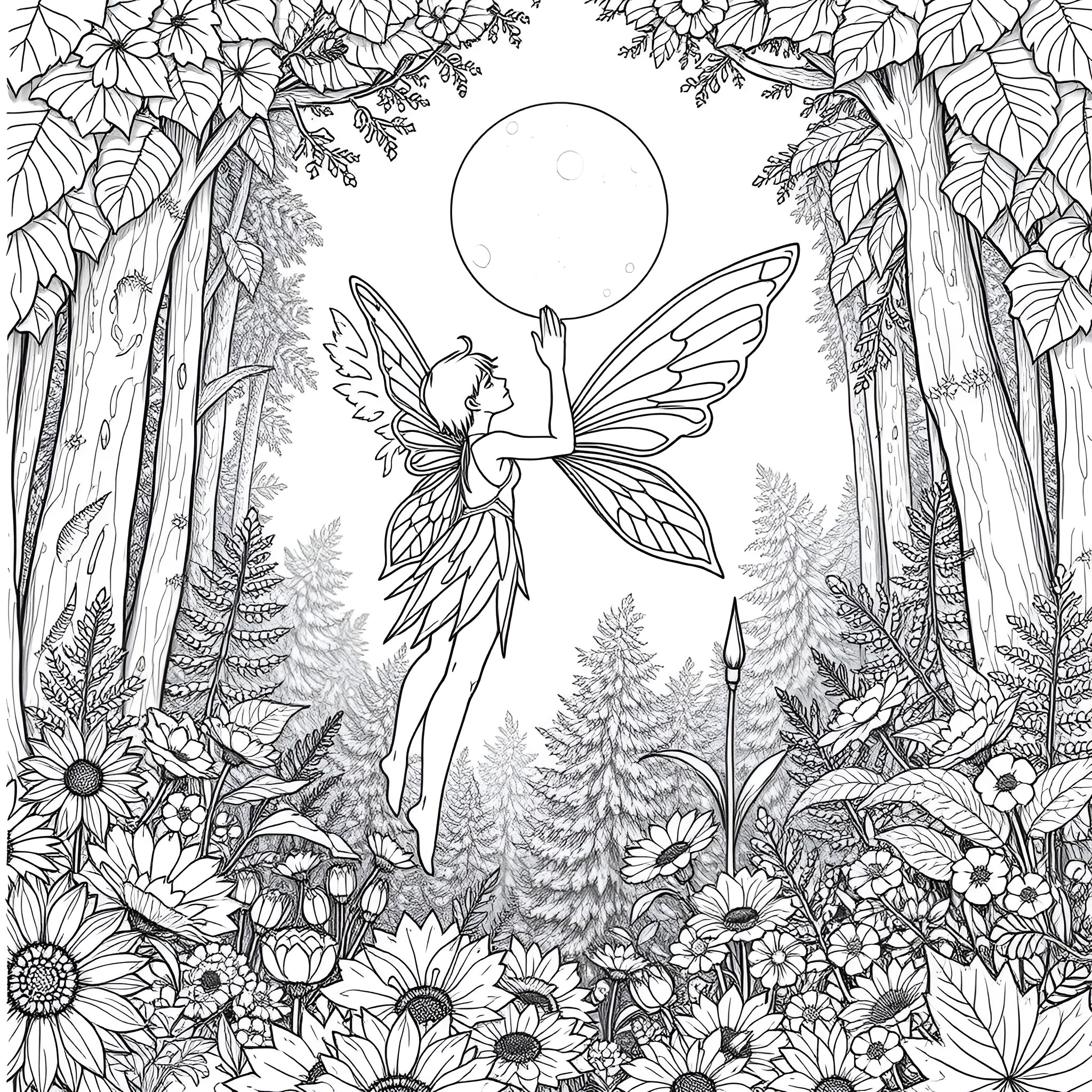 Fairy Dancing in Enchanted Forest Coloring Page (free black-and-white line drawing printable PDF for all, from beginners to advanced learners, including children, teens, adults, and seniors)