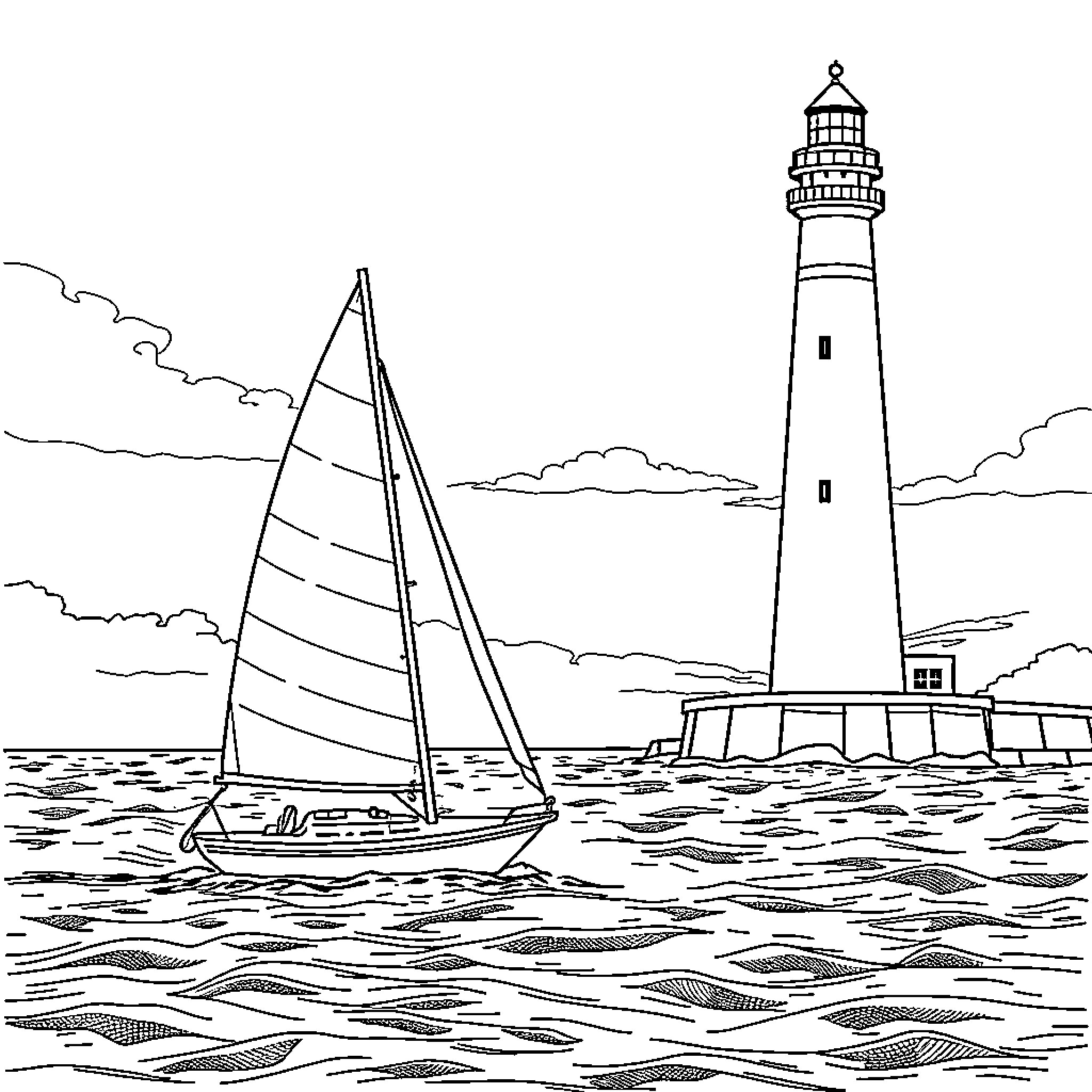 Sailboat sailing near a lighthouse on the water Coloring Page (free black-and-white line drawing printable PDF for all, from beginners to advanced learners, including children, teens, adults, and seniors)