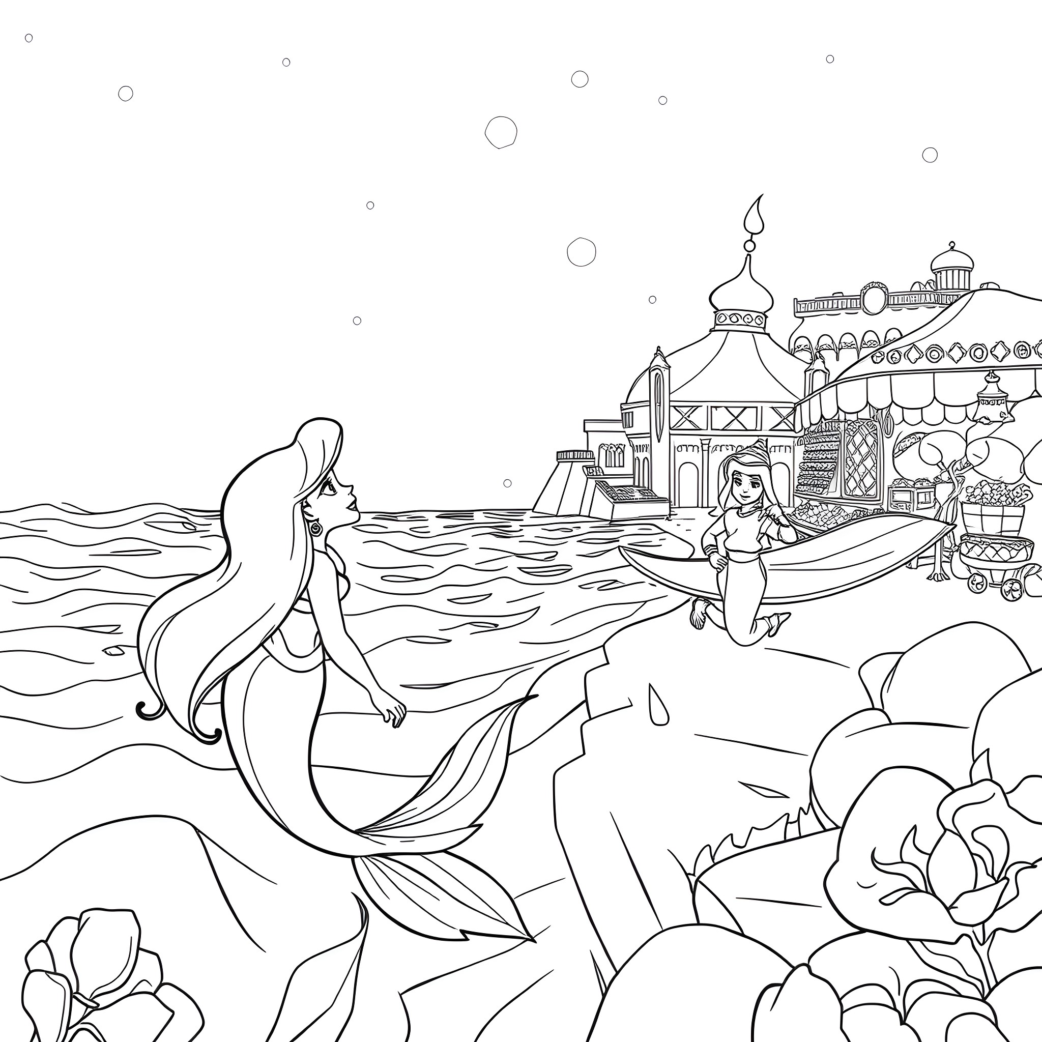 Mermaid exploring an underwater fantasy world Coloring Page (free black-and-white line drawing printable PDF for all, from beginners to advanced learners, including children, teens, adults, and seniors)