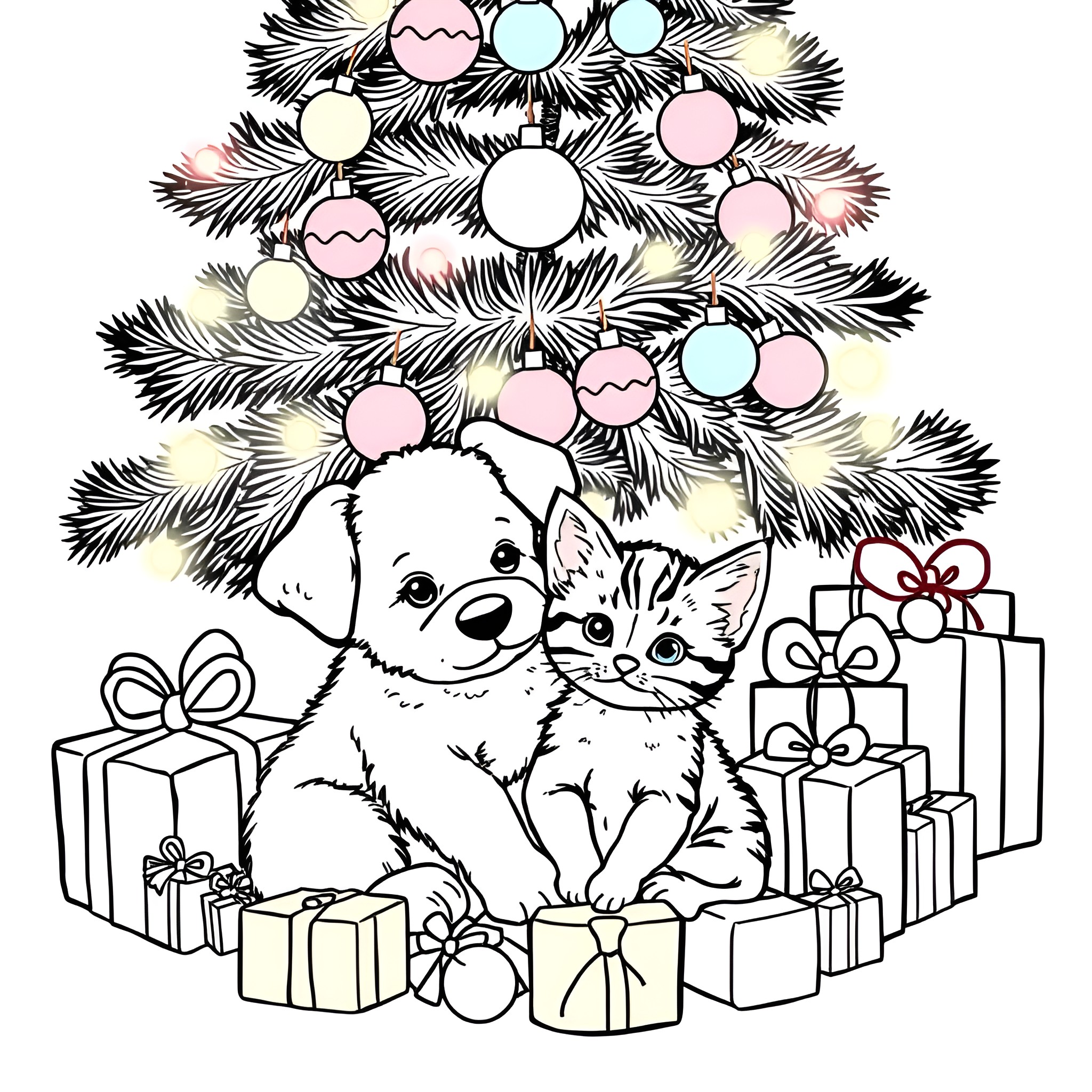 Puppy and kitten in front of Christmas tree Coloring Page (free black-and-white line drawing printable PDF for all, from beginners to advanced learners, including children, teens, adults, and seniors)