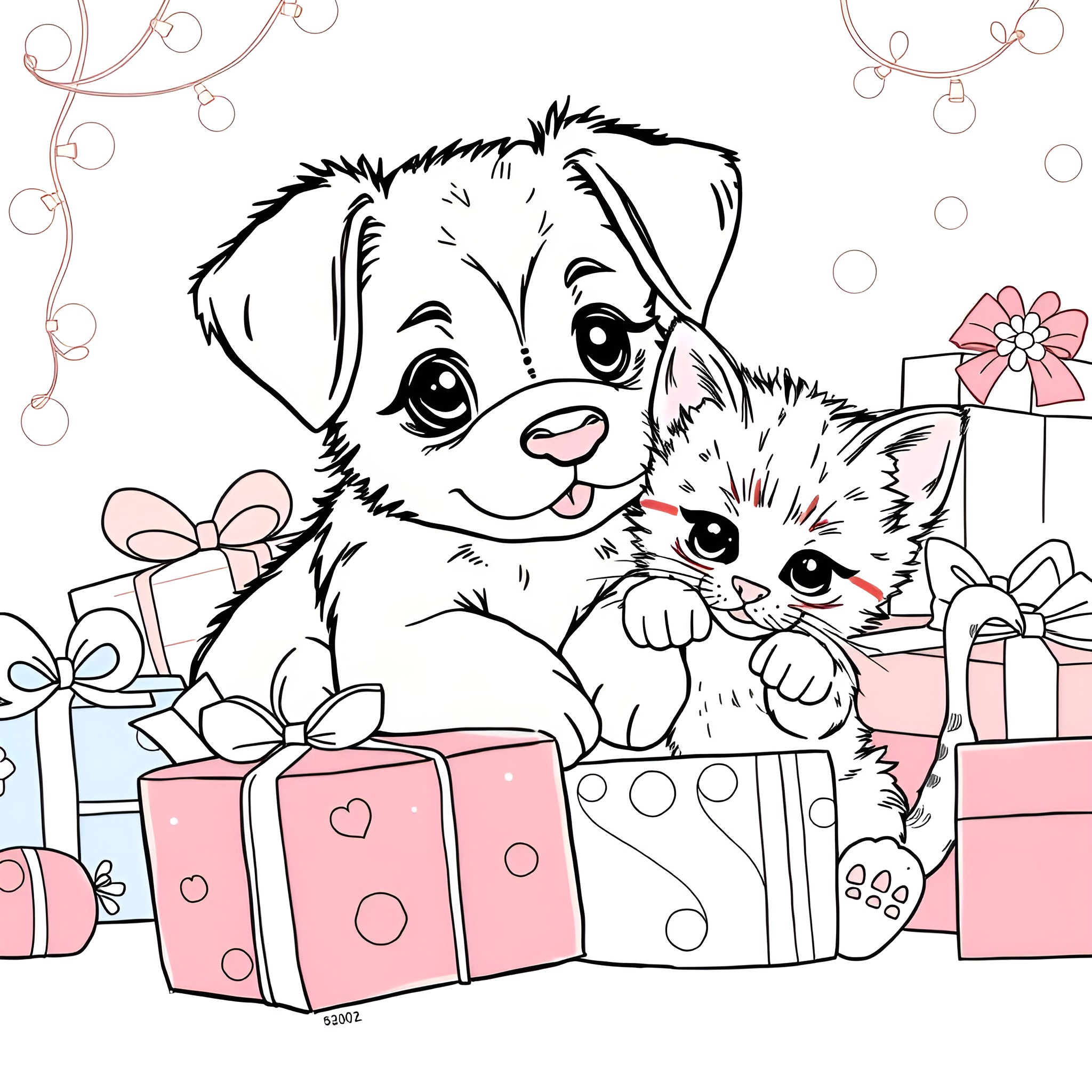 Puppy and Kitten with Christmas Gifts Coloring Page (free black-and-white line drawing printable PDF for all, from beginners to advanced learners, including children, teens, adults, and seniors)