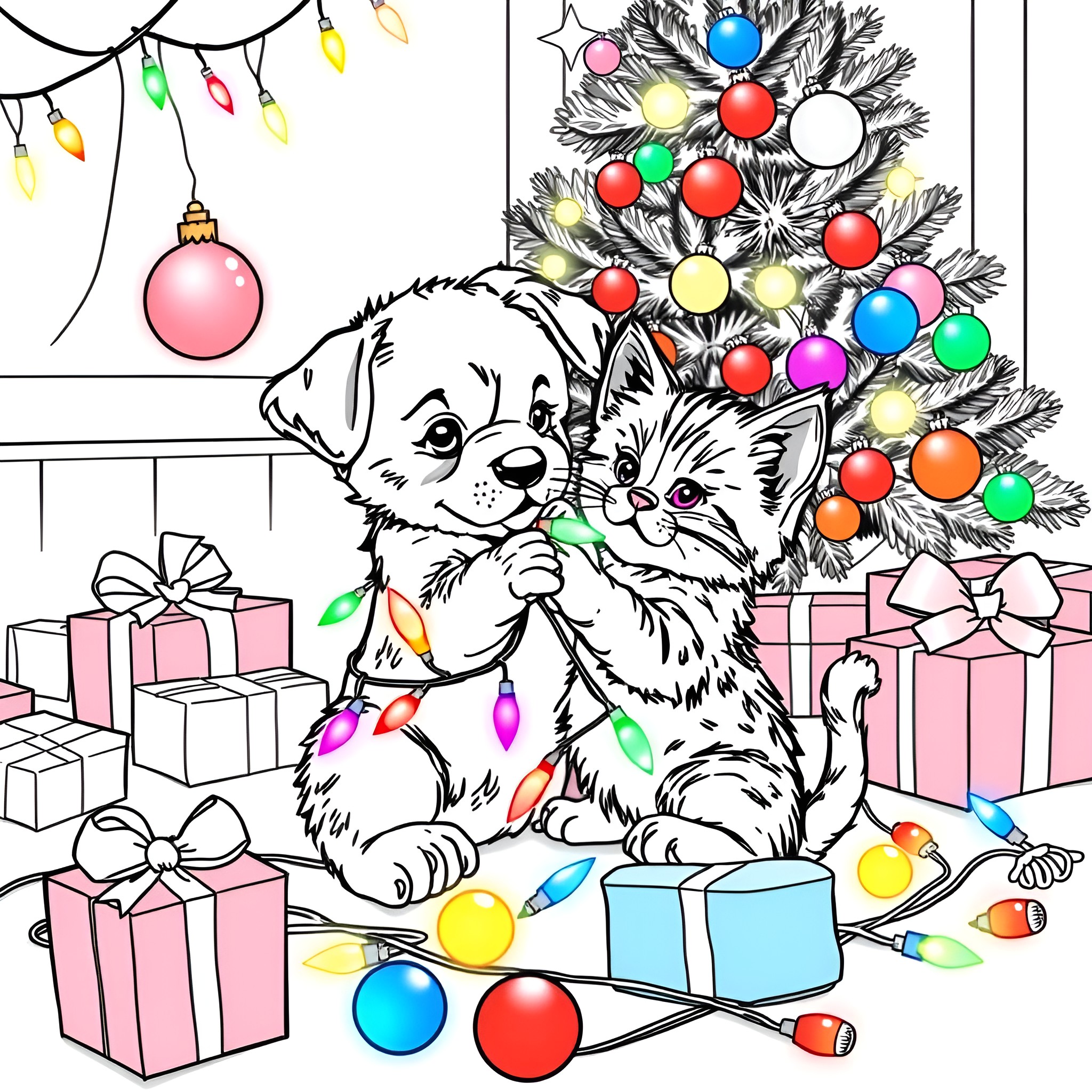 Puppy and Kitten Enjoying Christmas Decorations Coloring Page (free black-and-white line drawing printable PDF for all, from beginners to advanced learners, including children, teens, adults, and seniors)