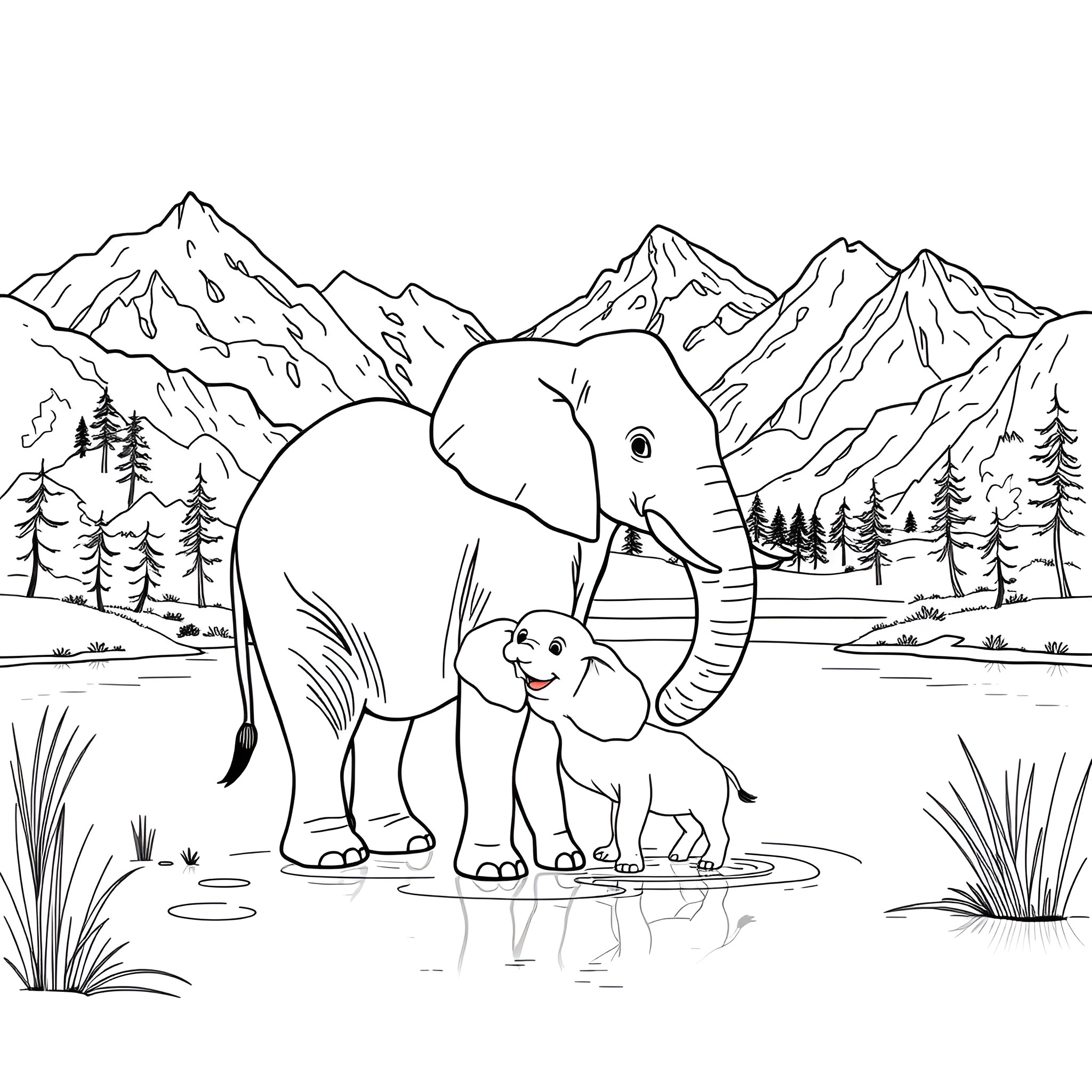 Elephant and calf in mountainous landscape Coloring Page (free black-and-white line drawing printable PDF for all, from beginners to advanced learners, including children, teens, adults, and seniors)