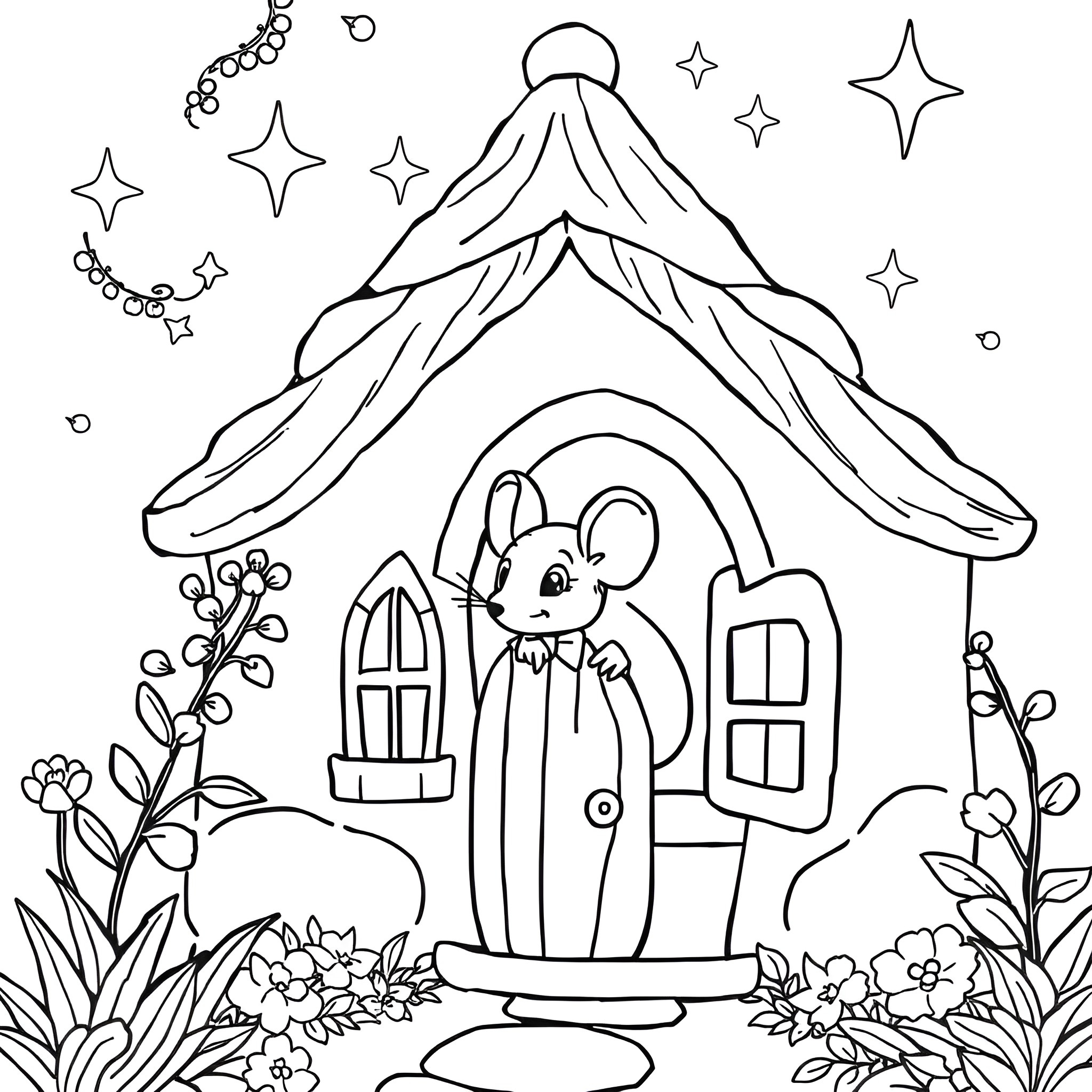 Mouse enjoying the magical cottage in the woods Coloring Page (free black-and-white line drawing printable PDF for all, from beginners to advanced learners, including children, teens, adults, and seniors)