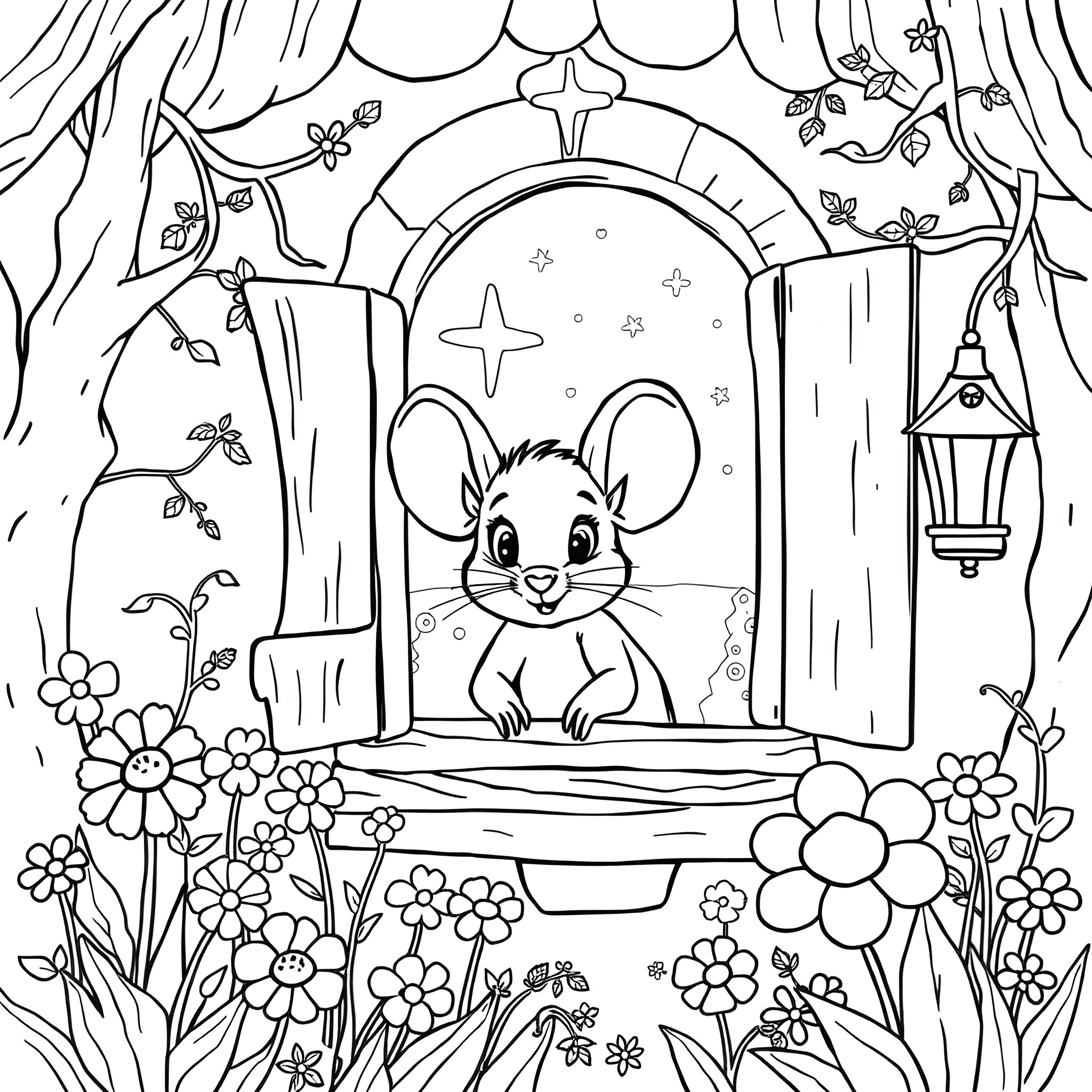 Mouse peeking out from a magical window Coloring Page (free black-and-white line drawing printable PDF for all, from beginners to advanced learners, including children, teens, adults, and seniors)