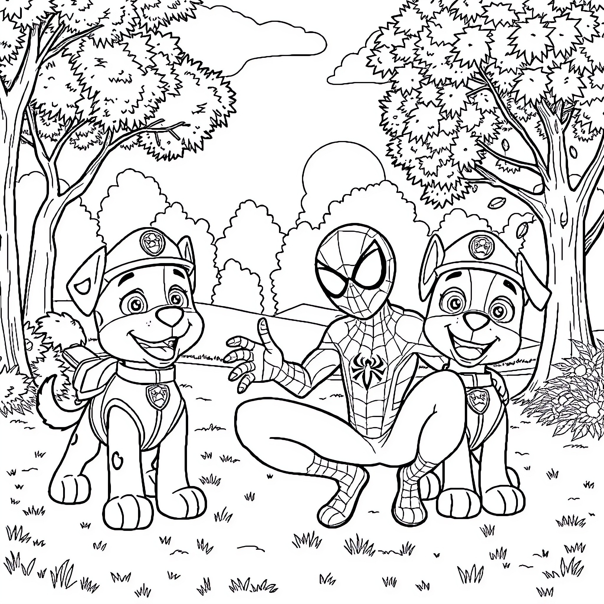 Spiderman teams up with Paw Patrol pups in the forest Coloring Page (free black-and-white line drawing printable PDF for all, from beginners to advanced learners, including children, teens, adults, and seniors)