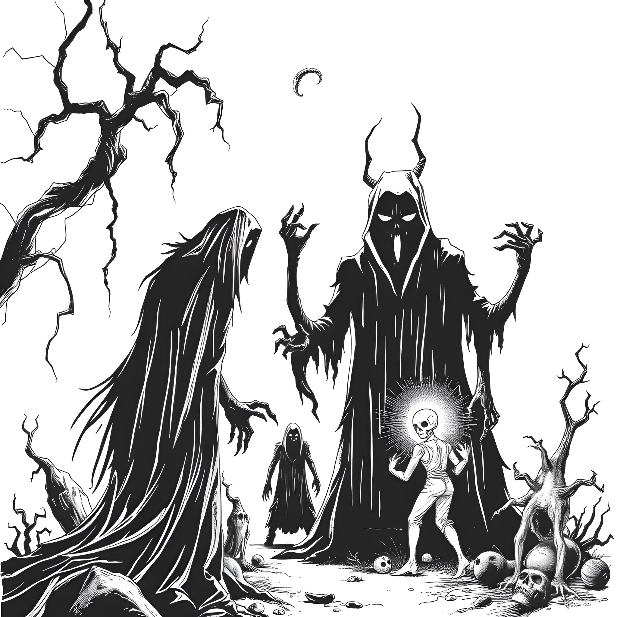 Nightmare of Horrific Figures in Haunting Landscape Coloring Page (free black-and-white line drawing printable PDF for all, from beginners to advanced learners, including children, teens, adults, and seniors)
