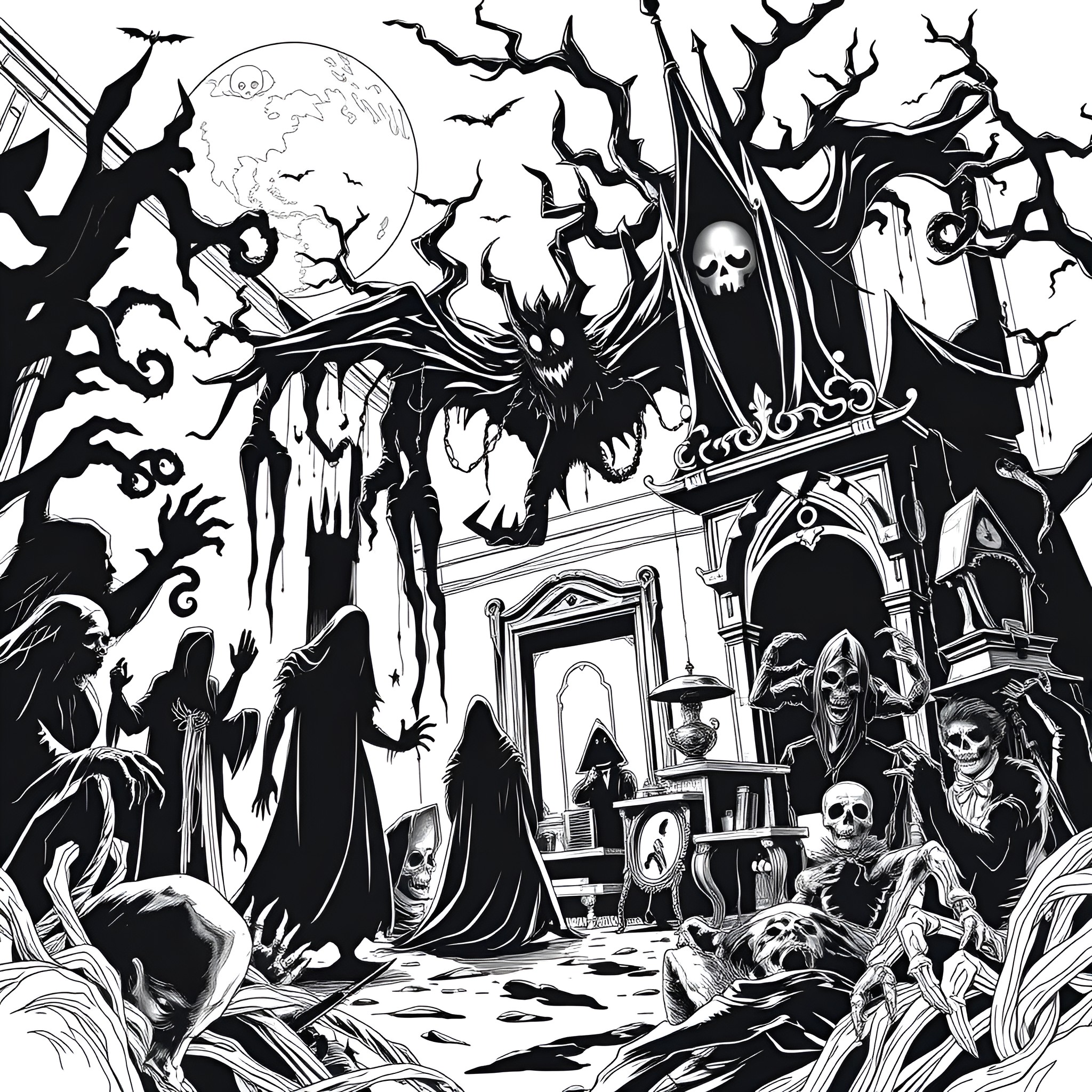 Nightmare of Haunting Horrors in the Darkness Coloring Page (free black-and-white line drawing printable PDF for all, from beginners to advanced learners, including children, teens, adults, and seniors)
