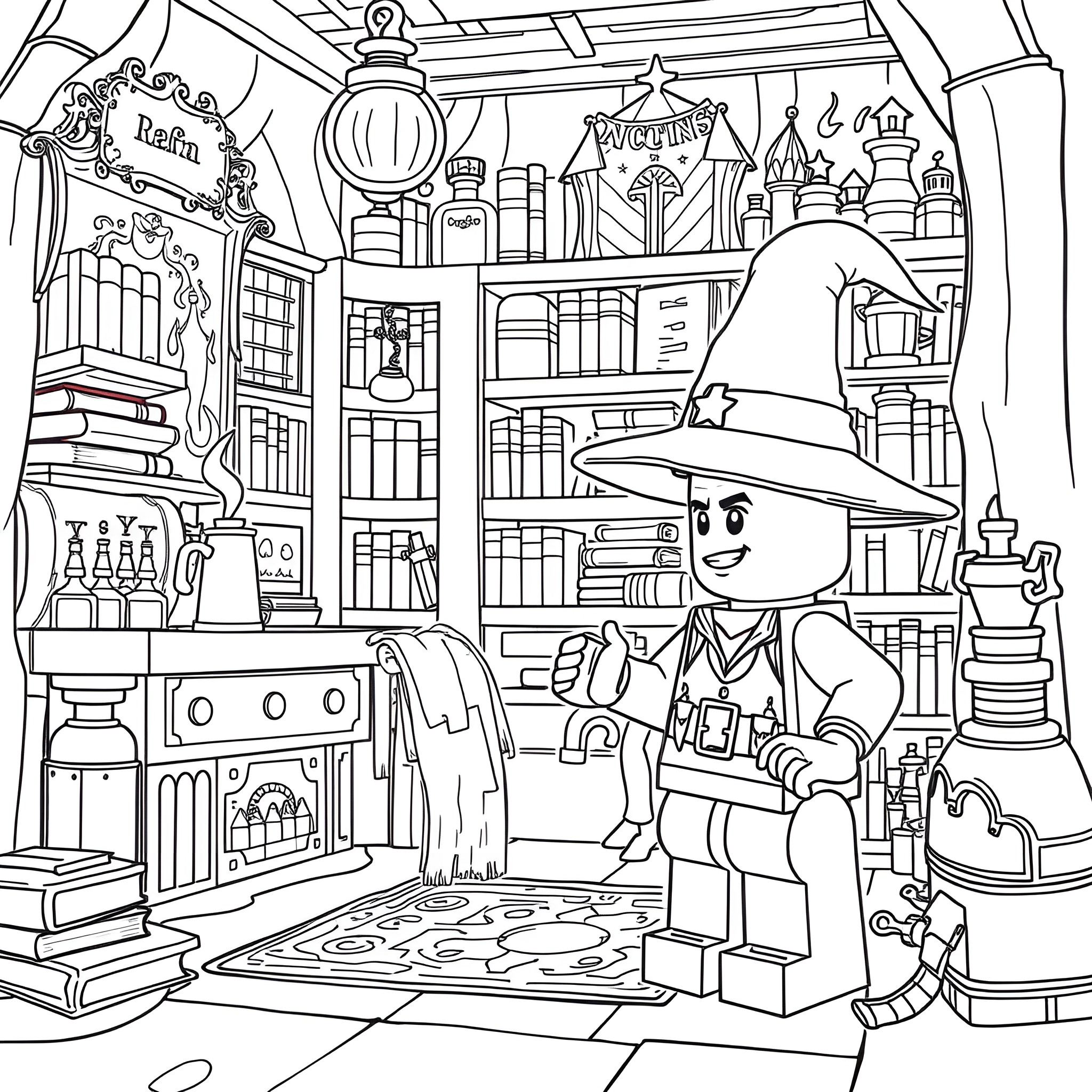 Lego Guy Exploring the Magical Bookshop Coloring Page (free black-and-white line drawing printable PDF for all, from beginners to advanced learners, including children, teens, adults, and seniors)
