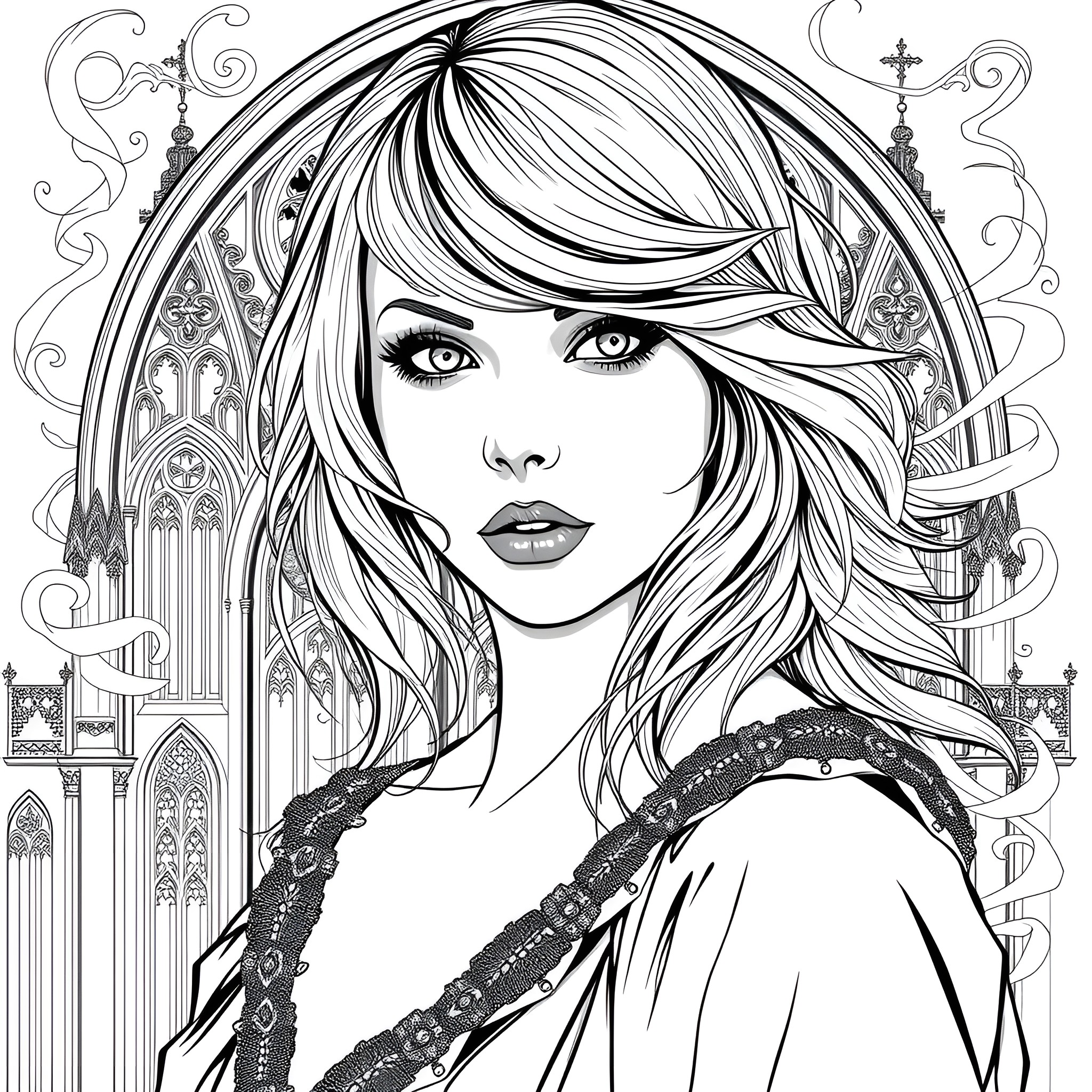 Taylor Swift in a Stylized Gothic Portrait Coloring Page (free black-and-white line drawing printable PDF for all, from beginners to advanced learners, including children, teens, adults, and seniors)