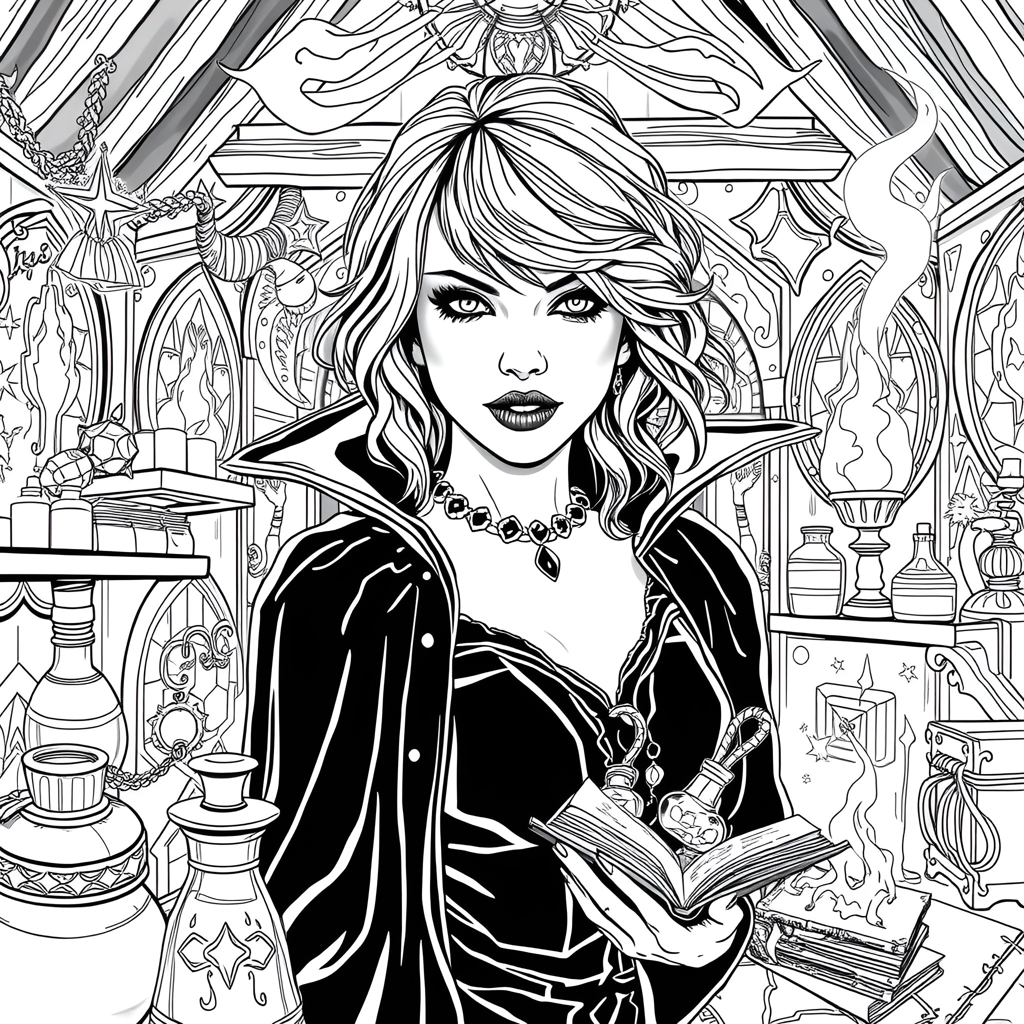 Taylor Swift in a magical gothic setting Coloring Page (free black-and-white line drawing printable PDF for all, from beginners to advanced learners, including children, teens, adults, and seniors)