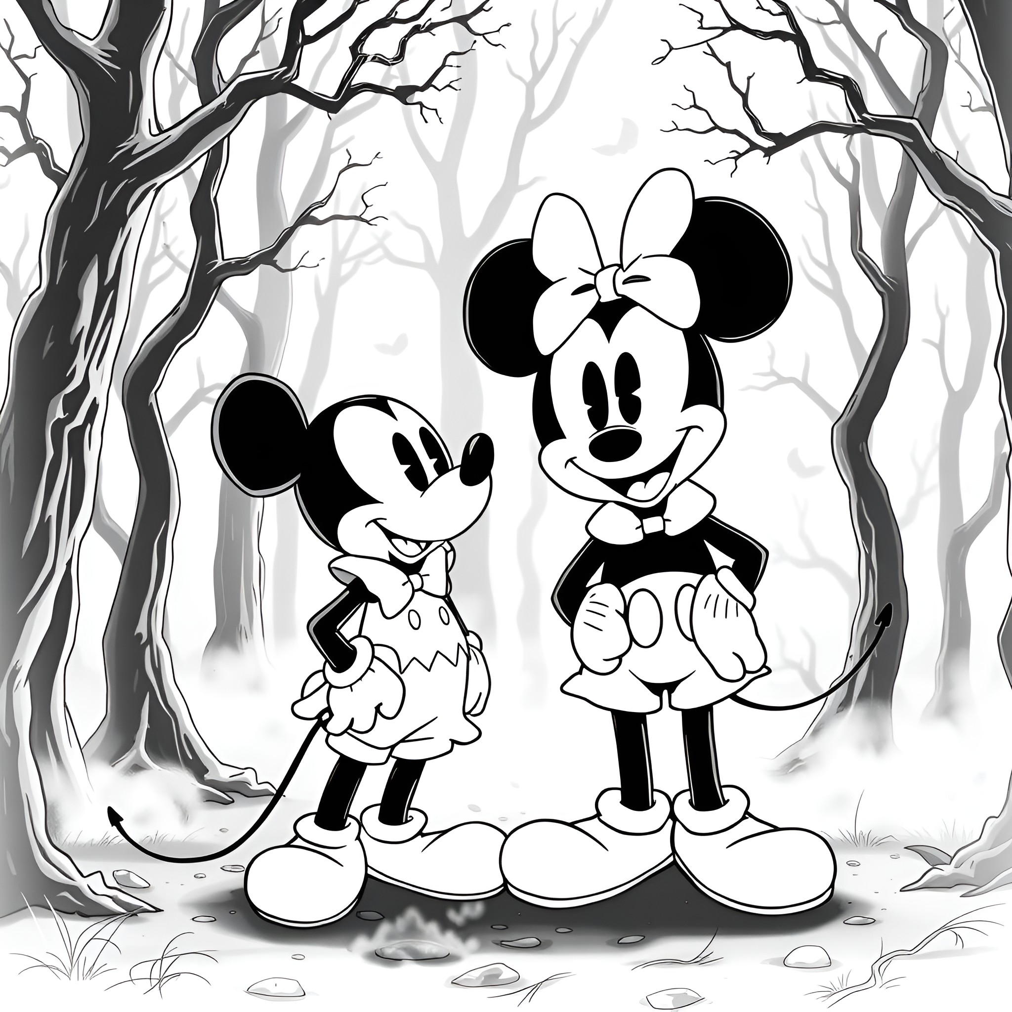 Mickey Mouse and Minnie Mouse in Spooky Forest Coloring Page (free black-and-white line drawing printable PDF for all, from beginners to advanced learners, including children, teens, adults, and seniors)