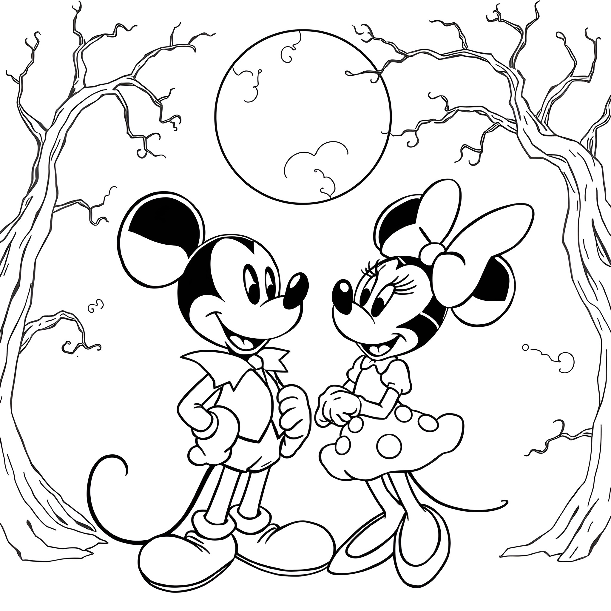 Mickey Mouse and Minnie Mouse in a whimsical night scene Coloring Page (free black-and-white line drawing printable PDF for all, from beginners to advanced learners, including children, teens, adults, and seniors)
