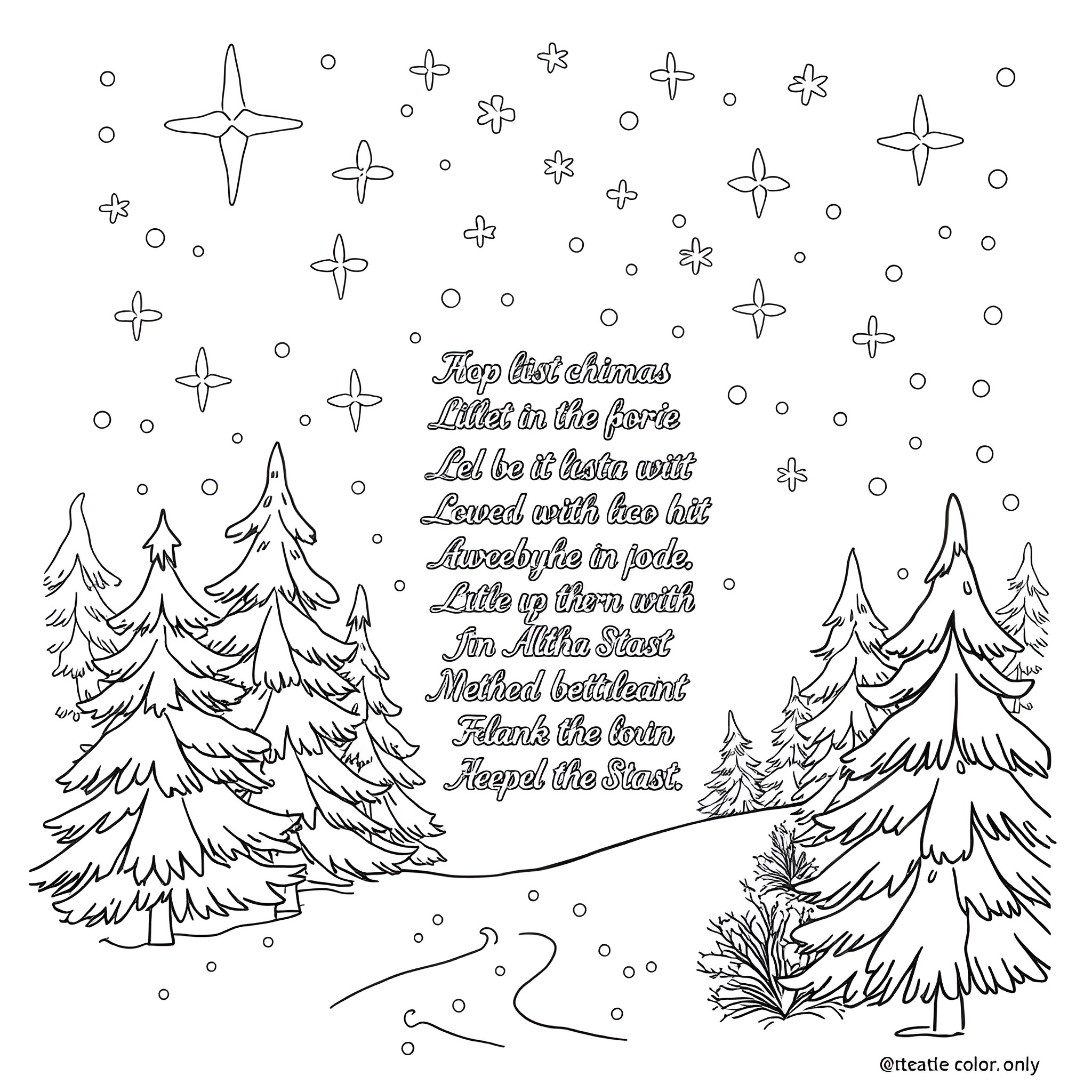 Christmas Winter Wonderland Scene with Forest and Snowflakes Coloring Page (free black-and-white line drawing printable PDF for all, from beginners to advanced learners, including children, teens, adults, and seniors)