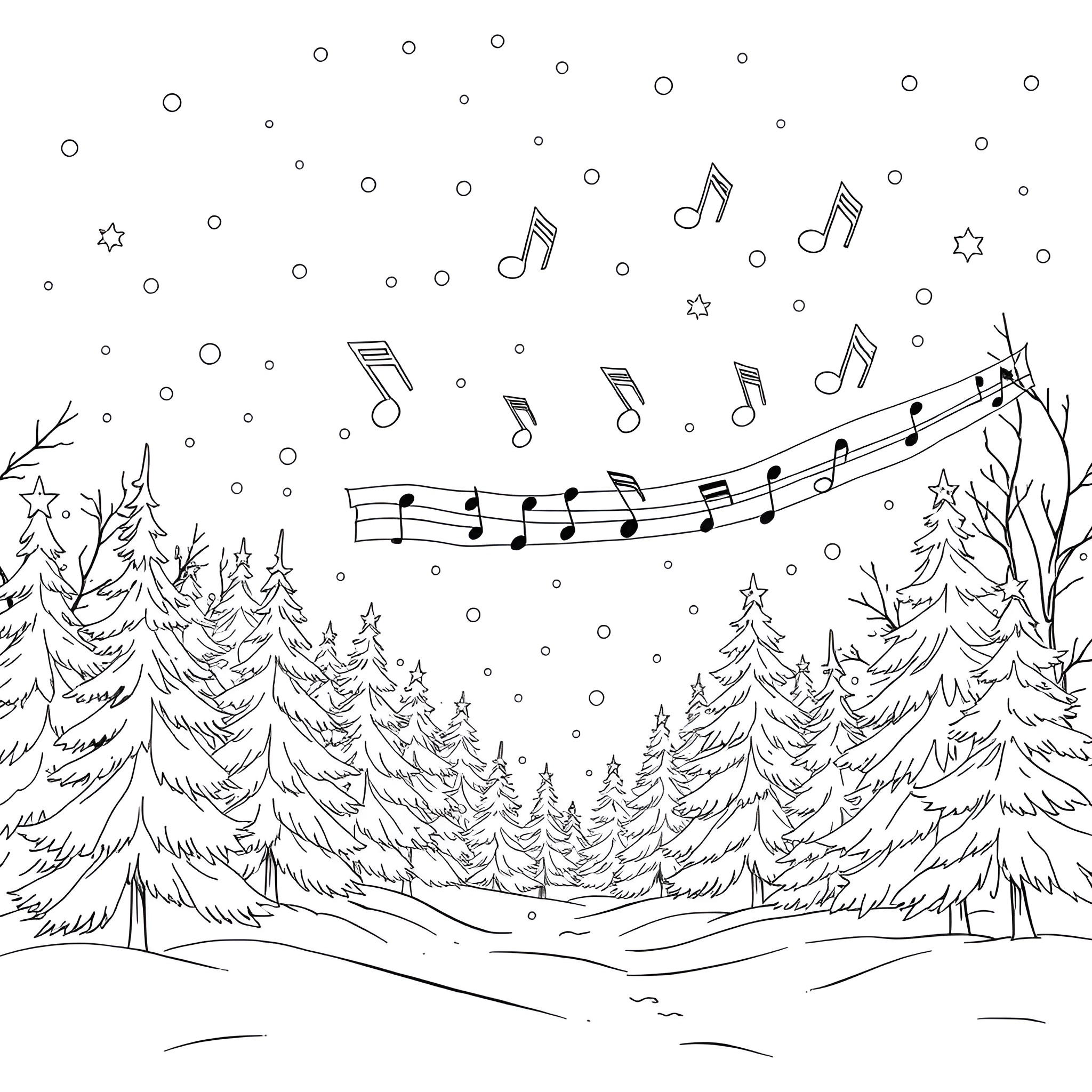 Christmas Caroling in the Snowy Forest Coloring Page (free black-and-white line drawing printable PDF for all, from beginners to advanced learners, including children, teens, adults, and seniors)